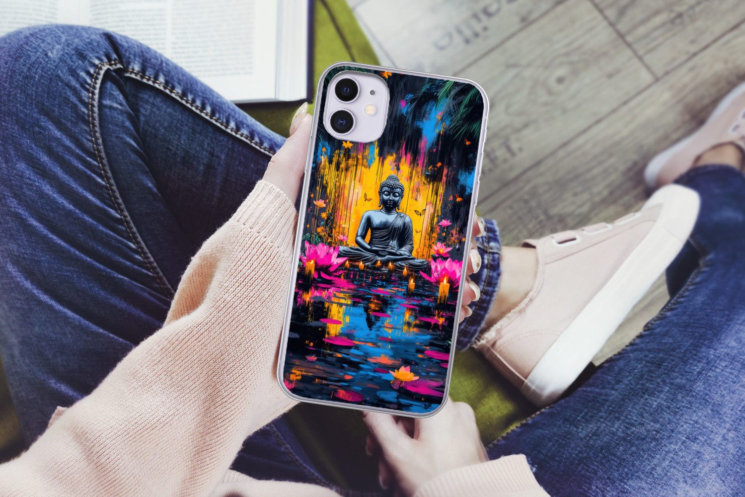 MuchoWow Handyhülle für Apple iPhone 11 Buddha - Blumen - Kerzen - Gelb, Smartphone-Bumper, Print, Handy Schutzhülle Dünn
