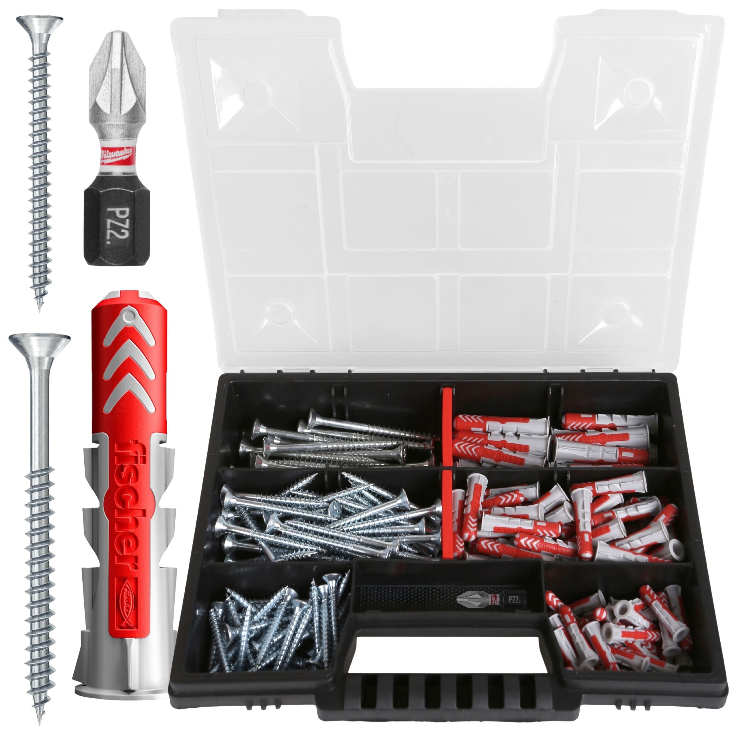fischer Schrauben- und Dübel-Set Fischer DuoPower Set + Milwaukee PZ2 Bit, Profi-Box, (201 St)
