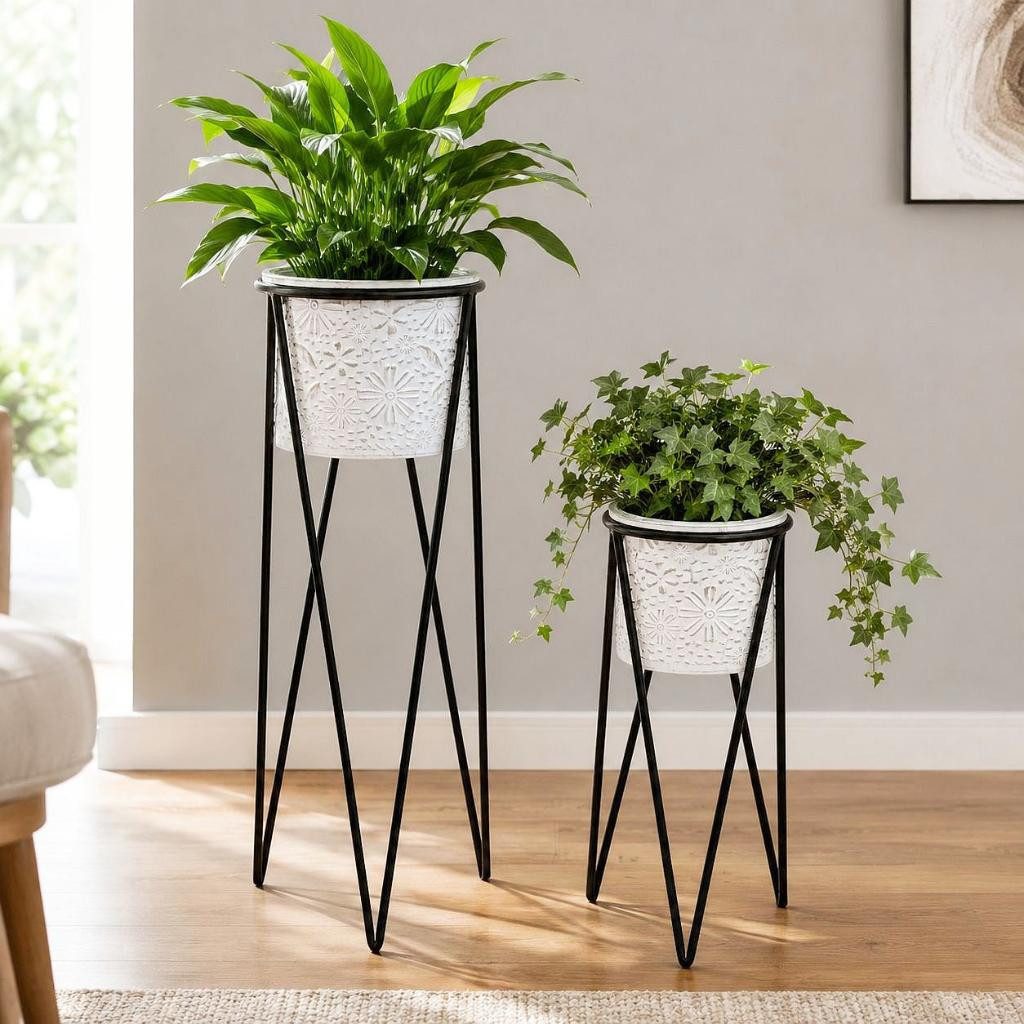 DanDiBo Blumenhocker Blumenständer Metall Weiß Schwarz mit Topf 2er Set Modern (2 St), Blumensäule Modern Pflanzenständer Pflanzenhocker