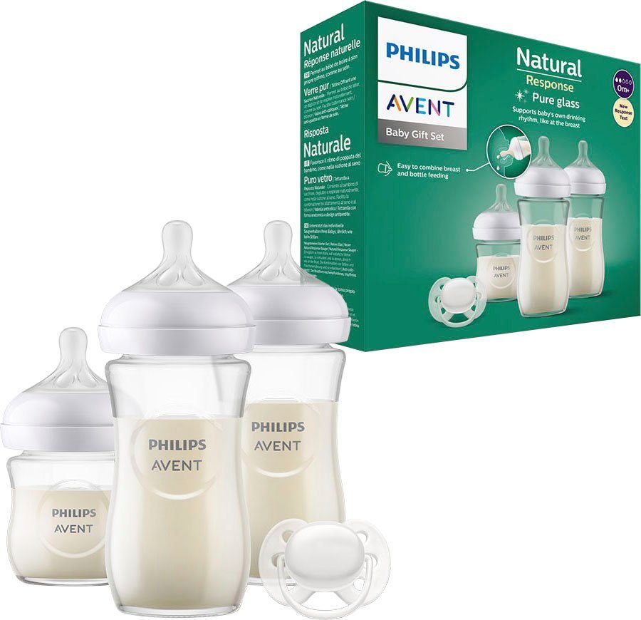 Philips AVENT Babyflasche Natural Response Starter-Set Glas für Neugeborene SCD878/11, 3 Бутылки aus Glas und ultra soft Schnuller