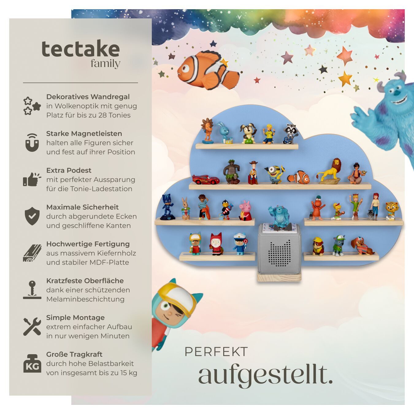 tectake Wandregal Figurenregal Kinderzimmer Wolke für 28 Tonies mit Magnetfunktion, Wandboard MyLittleStory Cloud 1-tlg., Integrierte Kabelführung, abgerundete Ecken, unsichtbare Aufhängung