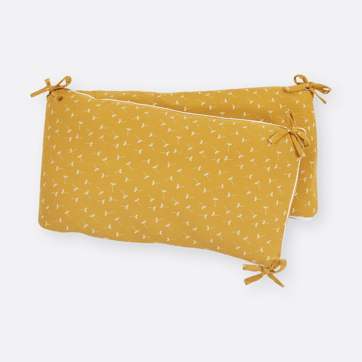 KraftKids Bettnestchen Musselin gelb Pusteblumen, für 140x70 cm Bett, 100% Baumwolle, abnehmbarer Bezug, Befestigungsbänder, drei Füllkissen