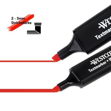 WESTCOTT Marker Textmarker 10 Stück rot, Highlighter in leuchtendem Rot, (Vorteilspack, 10-tlg), 2-5 mm Strichstärke, Premium Tinte aus Deutschland