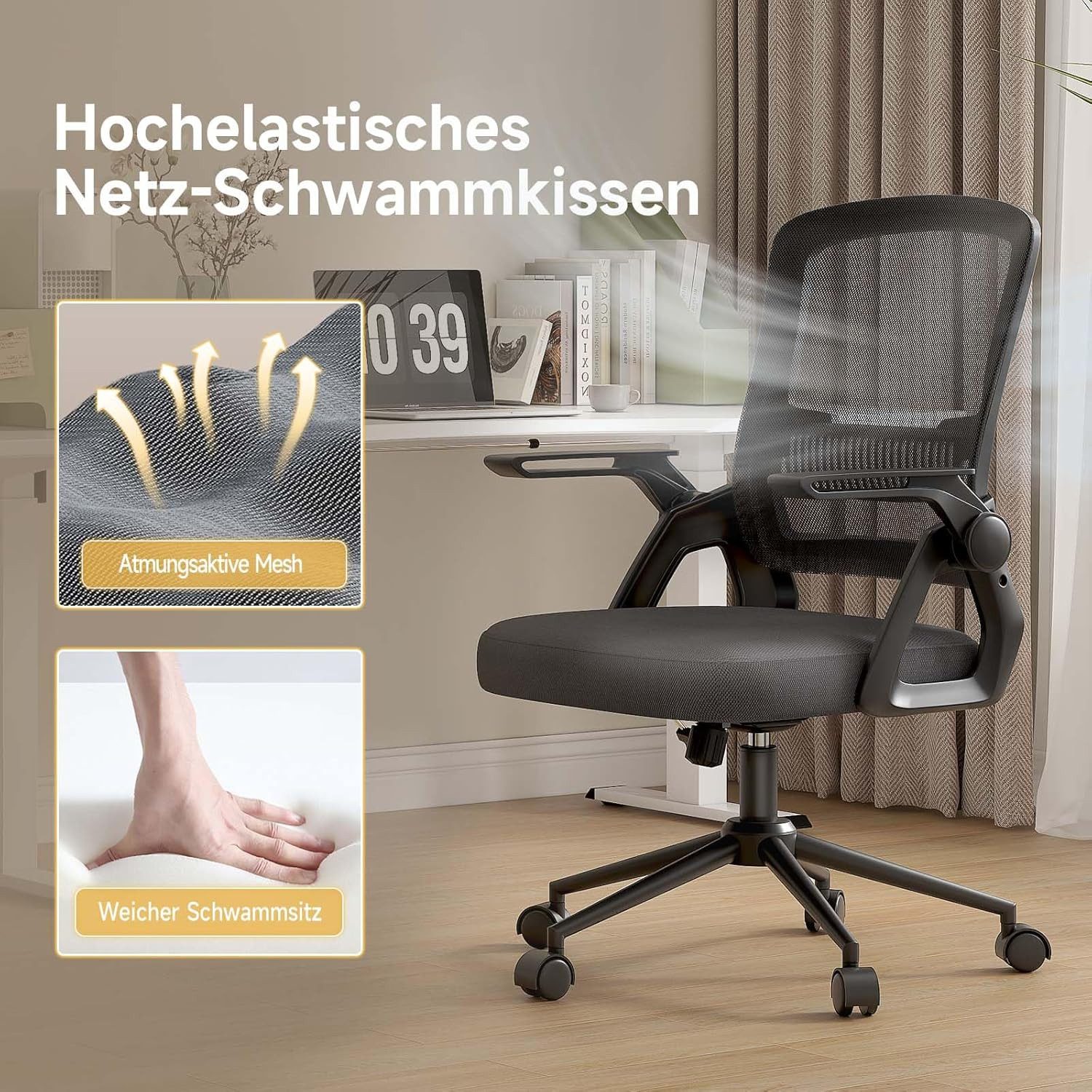ZAISZE Bürostuhl Ergonomischer Bürostuhl mit Mesh-Rückenlehne und Lendenstütze (Verstellbarer Armlehnen, Atmungsaktiv, Höhenverstellbarer Schreibtischstuhl mit  – Bild 3 von 5