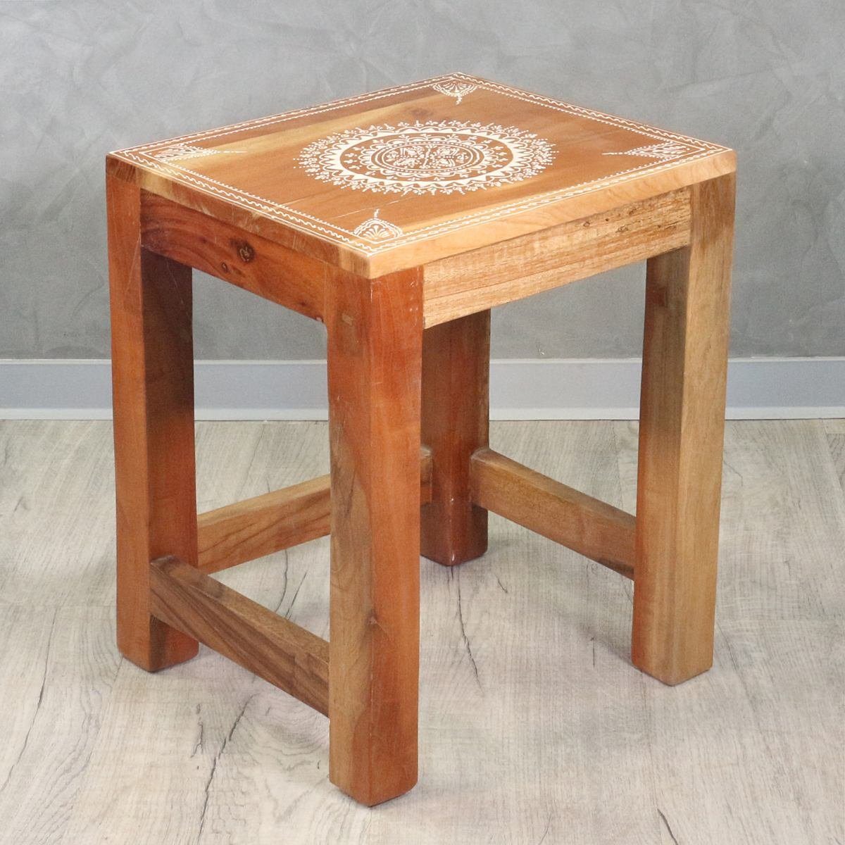 Oriental Galerie Beistelltisch Indischer Hocker mit Bemalung Mittel, Beistelltisch, Nachttisch Holz 45cm hoch, mit Mandala Bemalung