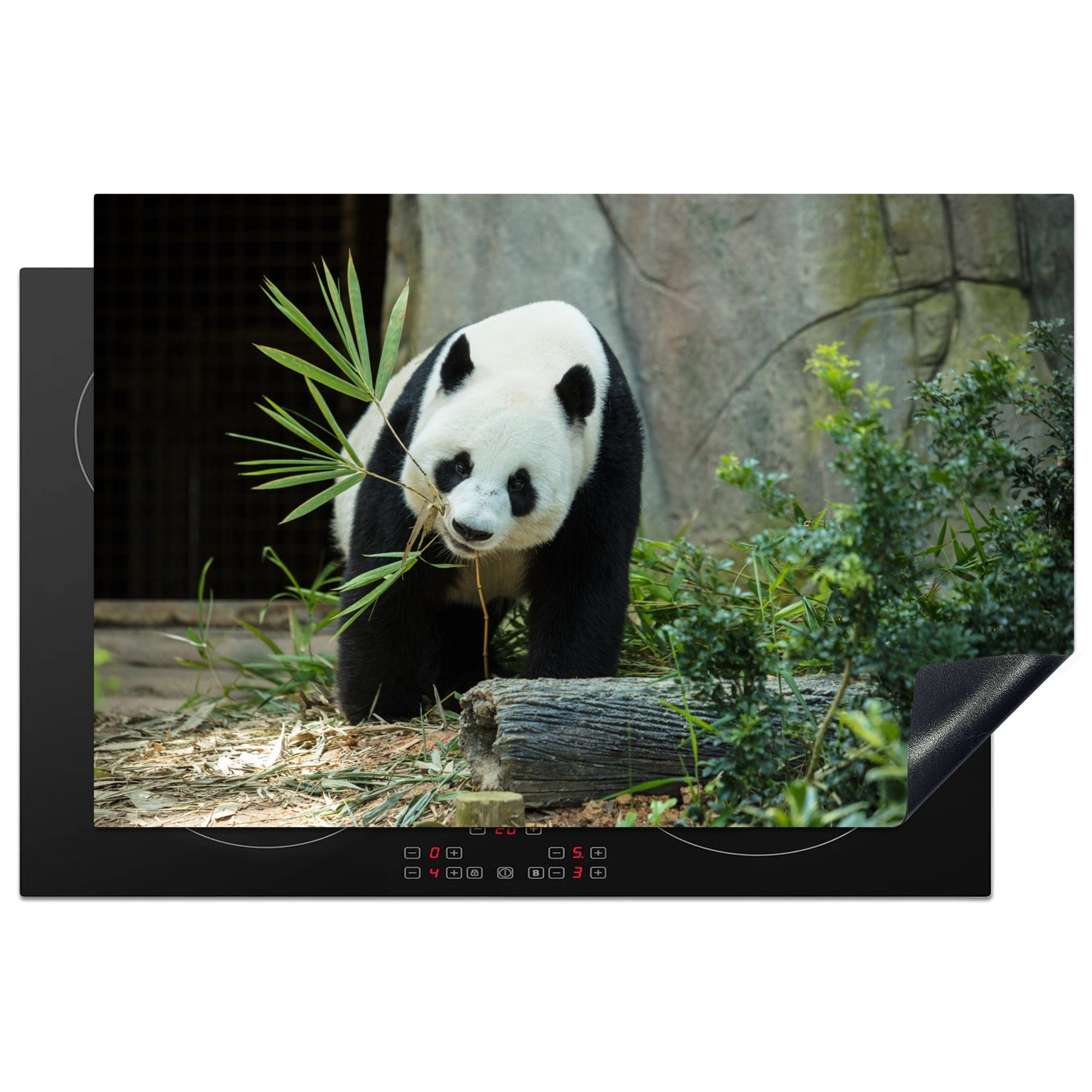 MuchoWow Herdblende-/Abdeckplatte Panda - Baumstamm - Höhle, Vinyl, (1 tlg), 81x52 cm, Induktionskochfeld Schutz für die küche, Ceranfeldabdeckung