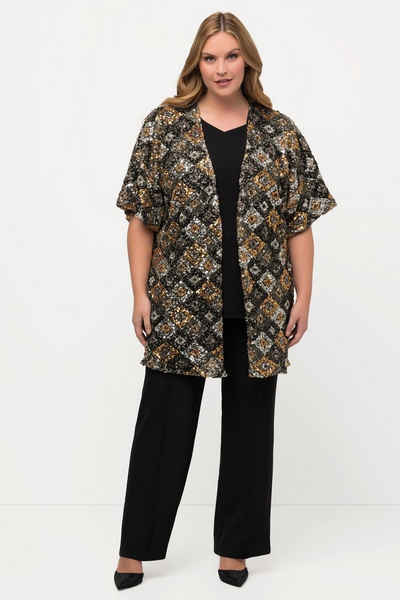 Ulla Popken Kimono Kimono-Jacke Metallic-Pailletten Oversized Halbarm, Langform, Materialmix