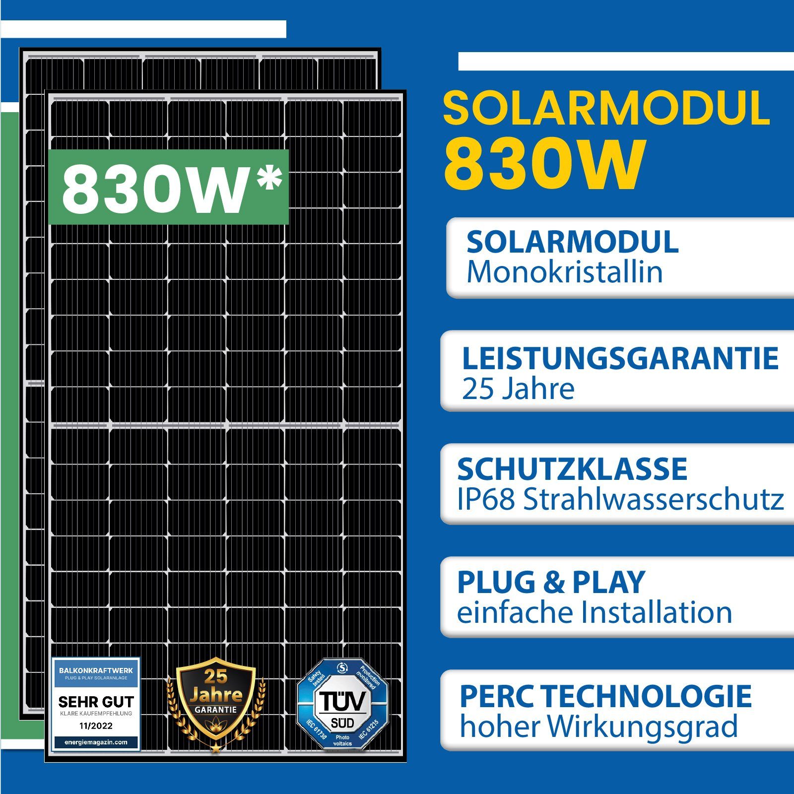Komplettset Solaranlage mit Balkonkraftwerk Wechselrichter 800W Mit Neu Generation Eckig, EPP.Solar Balkongeländer 830W Deye Relais WIFI PV-Montage
