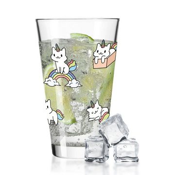 GRAVURZEILE Glas Wasserglas mit UV-Druck - im Magische Katze Design, Glas, Niedliches Einhorn-Katze Motiv mit Regenbogen