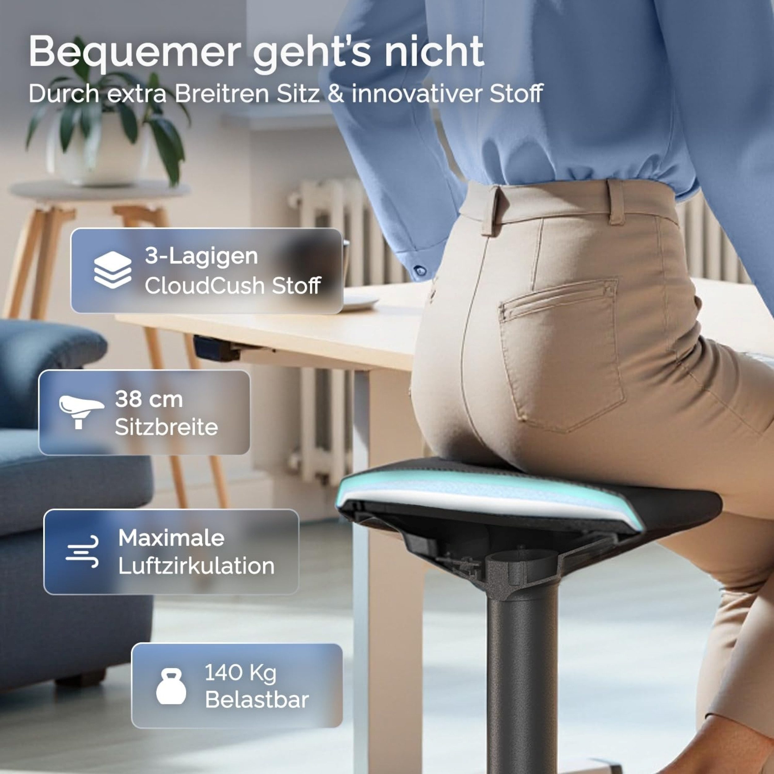 DESKSPACE Drehhocker Motion Ergonomischer Stehhocker - Höhenverstellbarer Bürohocker (Einzelartikel), Höhenverstellbarer Stehhocker mit ergonomischem Sitzkomfort