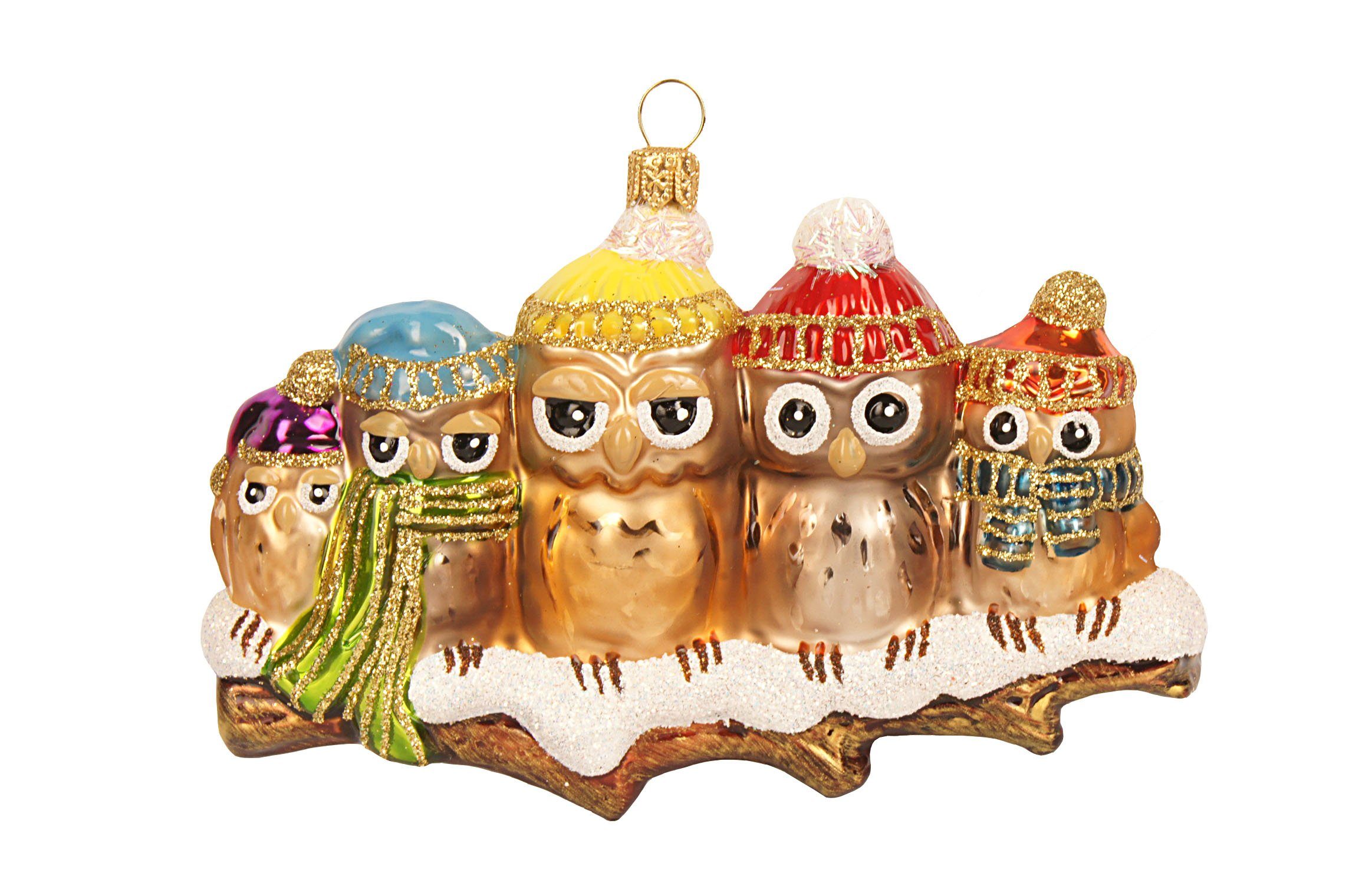 IMPULS Christbaumschmuck, Christbaumschmuck Glas Eulen mit Mützen auf Ast 13cm braun / bunt