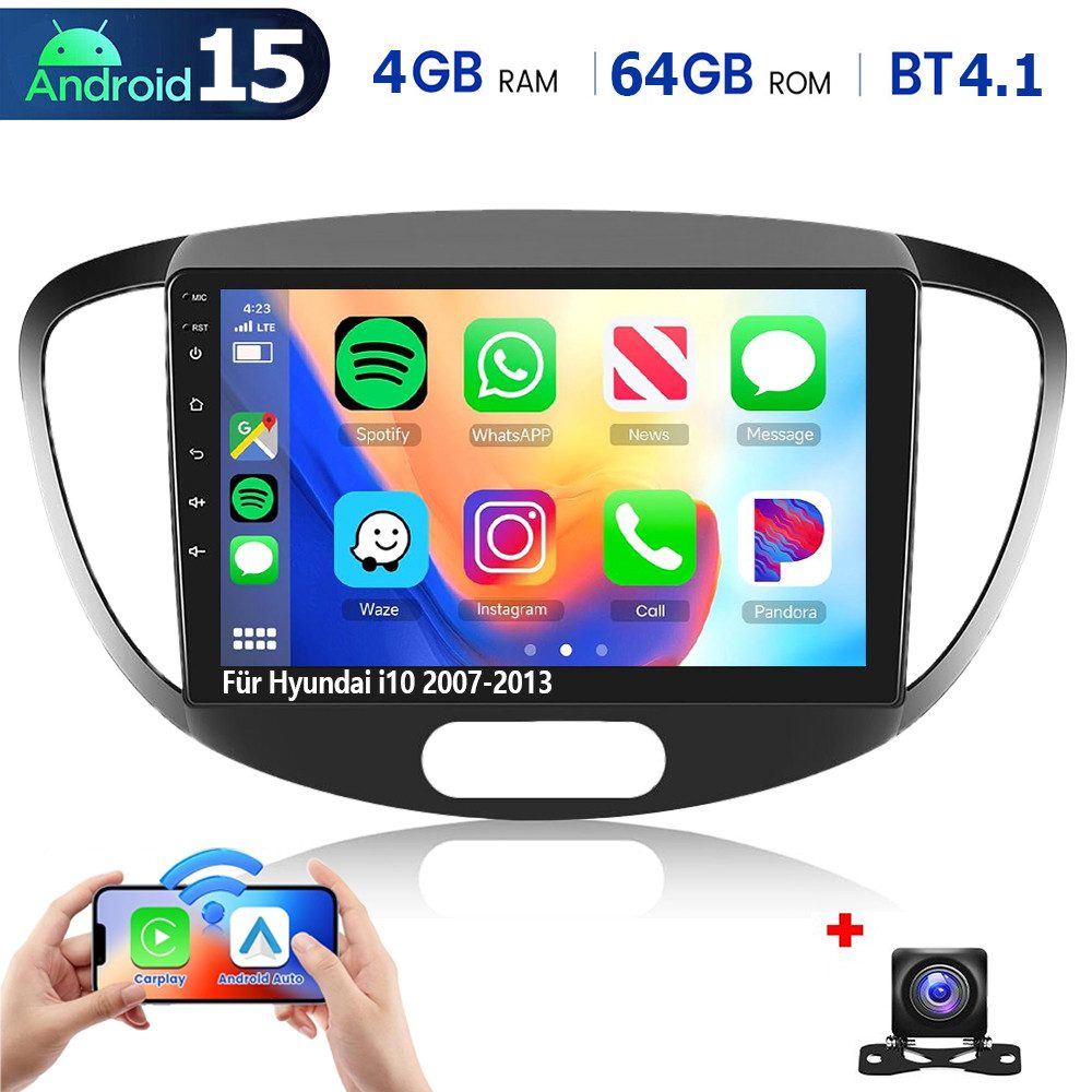 ESSGOO Android 15 Autoradio für Hyundai i10 2007-2013 mit Navi GPS Carplay BT Autoradio (DAB+ (optional), AM, FM, RDS, ASP, Wireless Apple Carplay & Android Auto,2 DIN,4+64GB(optional)