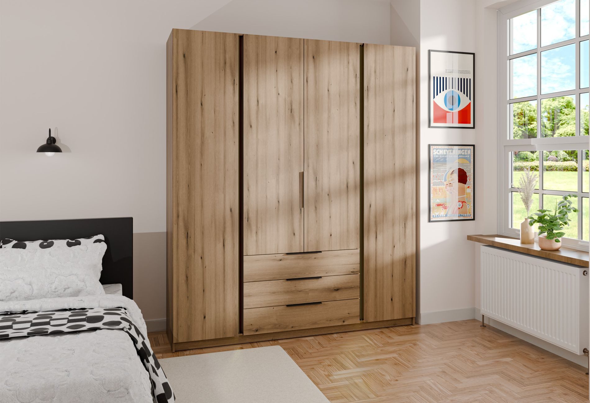 Selsey Kleiderschrank KAJA 4-türig mit Soft-Close, Kleiderstange und 11 Regalfächern, 200 cm