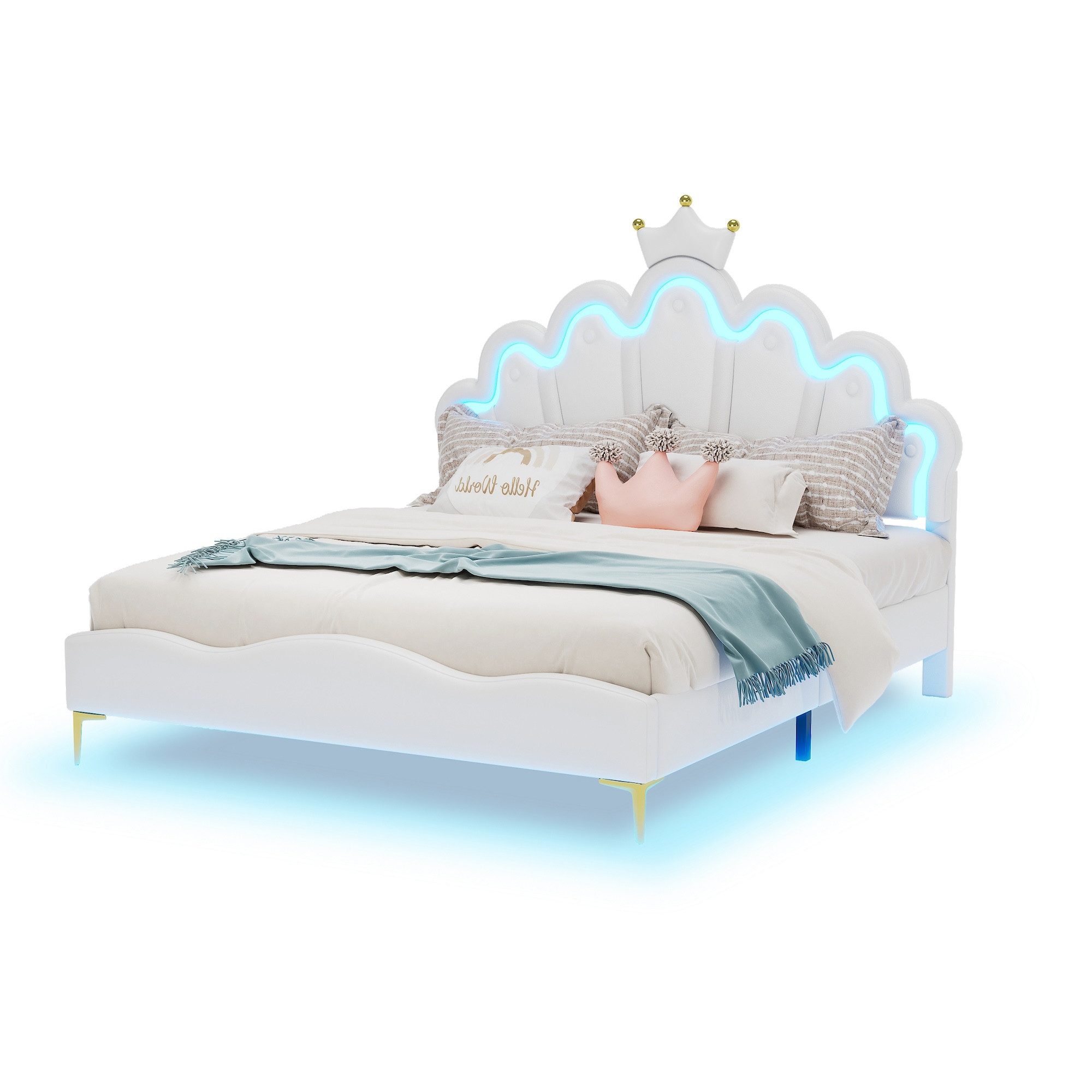 SOFTWEARY Prinzessinbett mit LED-Beleuchtung (140x200 cm, höhenverstellbarer Kopfteil), Mädchenbett, Polsterbett für Mädchen, Doppelbett, Kunstleder