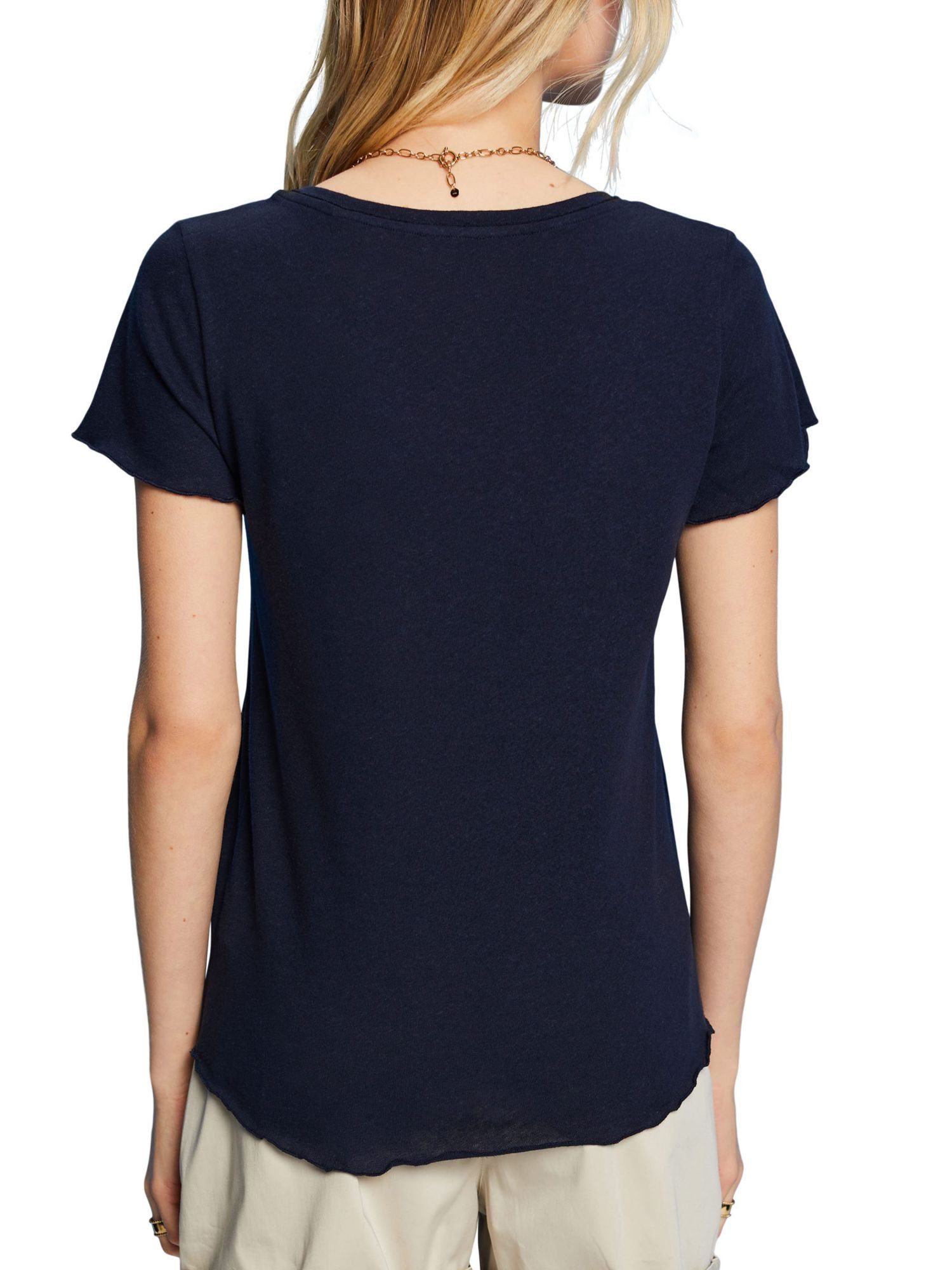 T-Shirt Baumwolle-Leinen-Mix (1-tlg) Esprit Rollkanten, NAVY mit T-Shirt