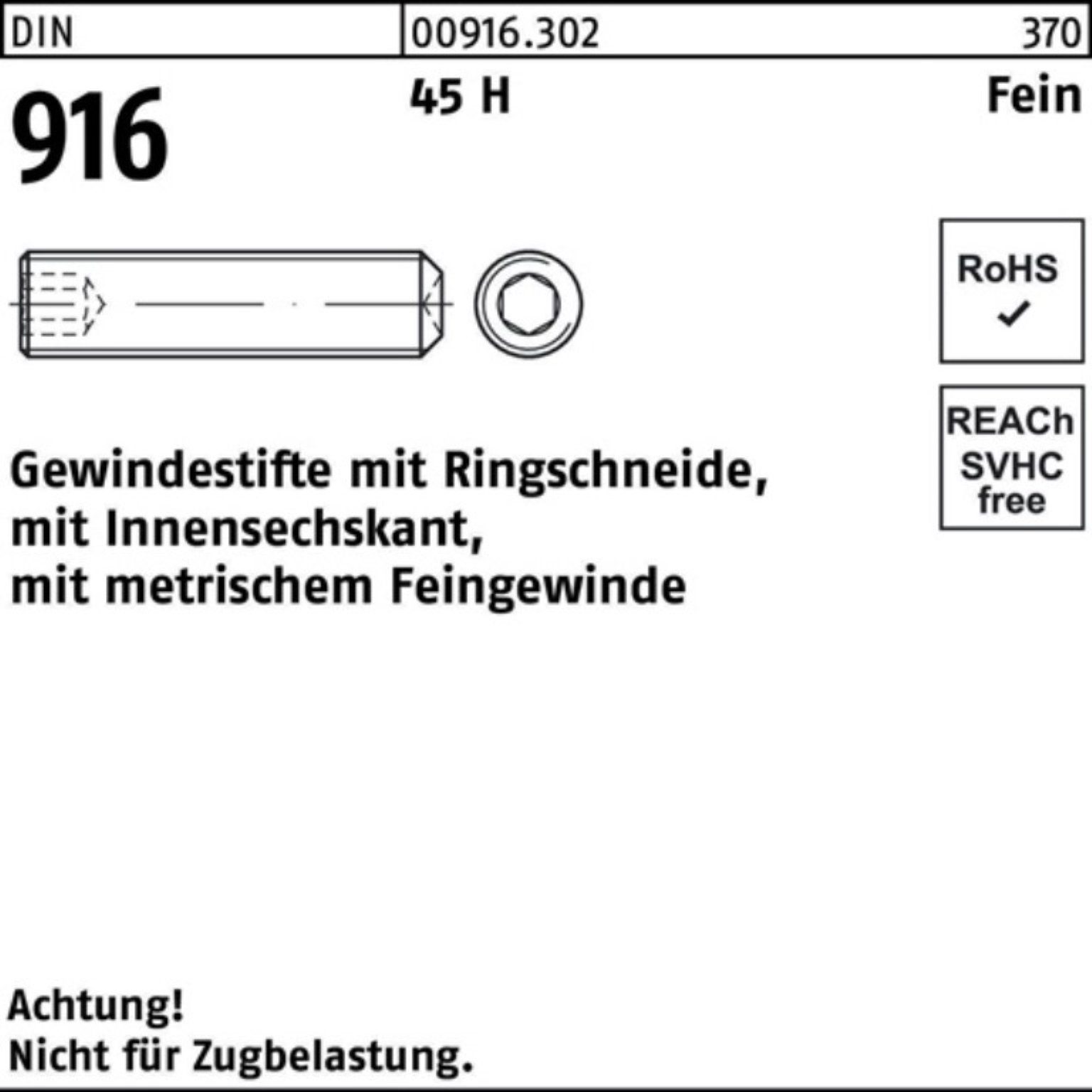 Reyher Gewindebolzen 100er Pack 25 DIN Ringschn./Innen-6kt 916 M10x1,25x 45 H Gewindestift