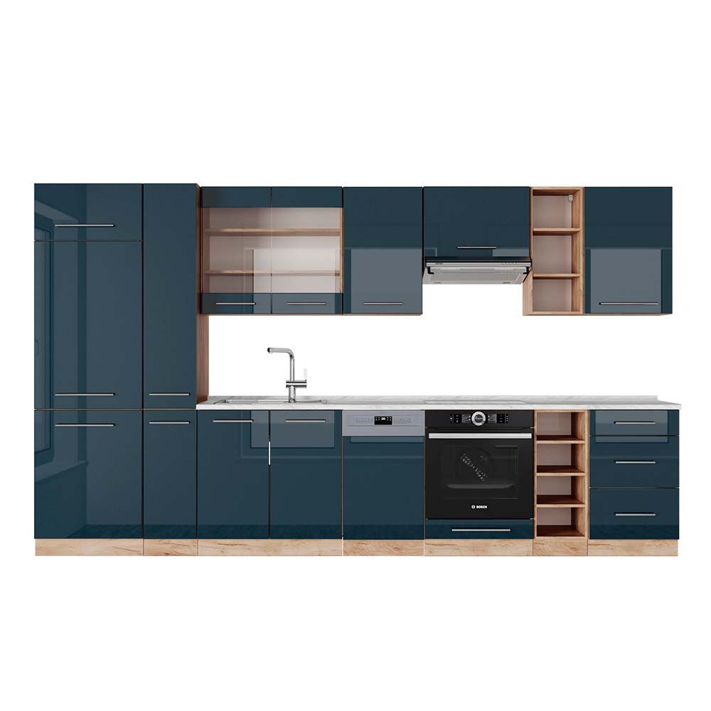 Vicco Küchenzeile Fame-Line, Dunkelblau Hochglanz/Goldkraft Eiche, 355 cm, AP Marmor