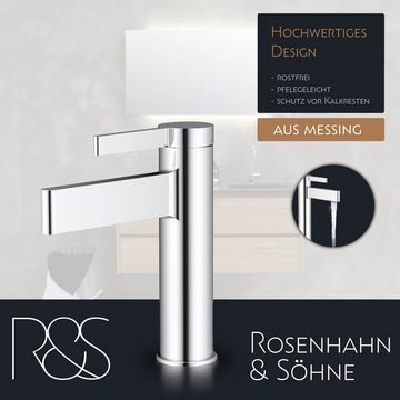 Rosenhahn & Söhne Badarmatur List M - Design Wasserhahn Badezimmer - Armatur Bad [Chrom] - Quick-Connect Anschluss, hoher Auslauf (optimal für Aufsatzbecken)