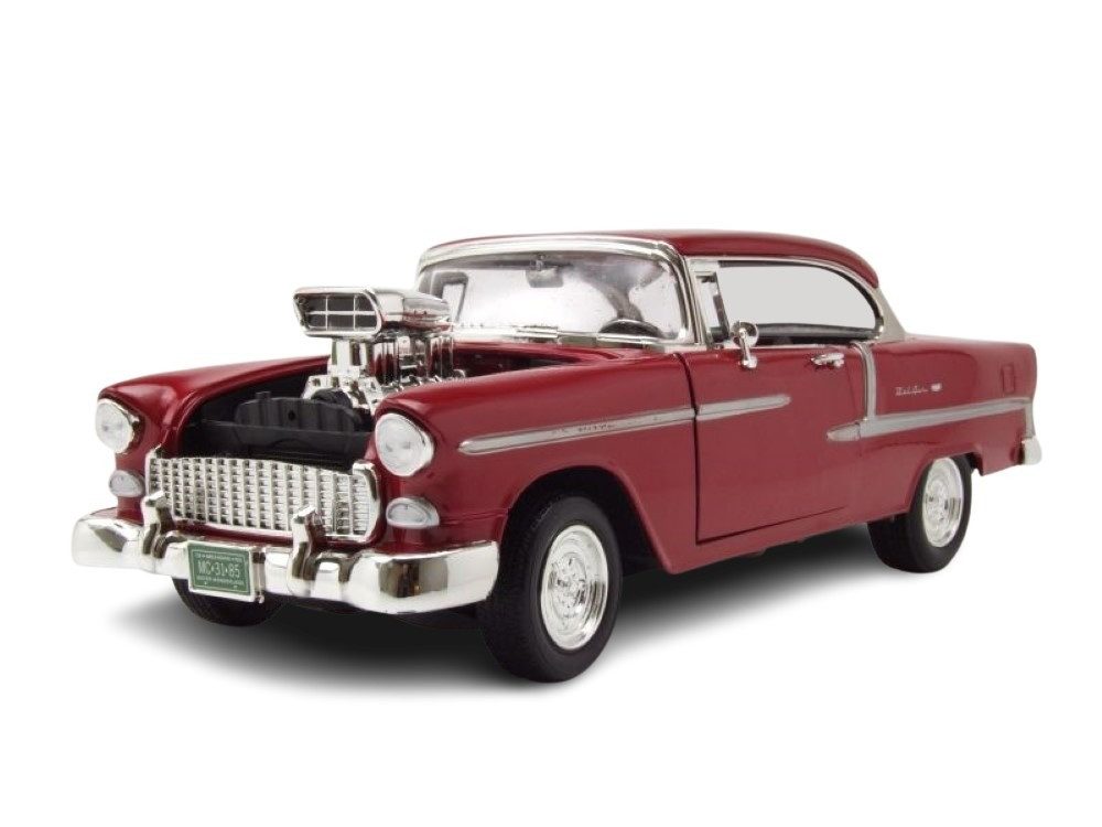 Motormax Modellauto Chevrolet Bel Air Custom Hot Rod 1955 dunkelrot mit Blown Motor, Maßstab 1:18