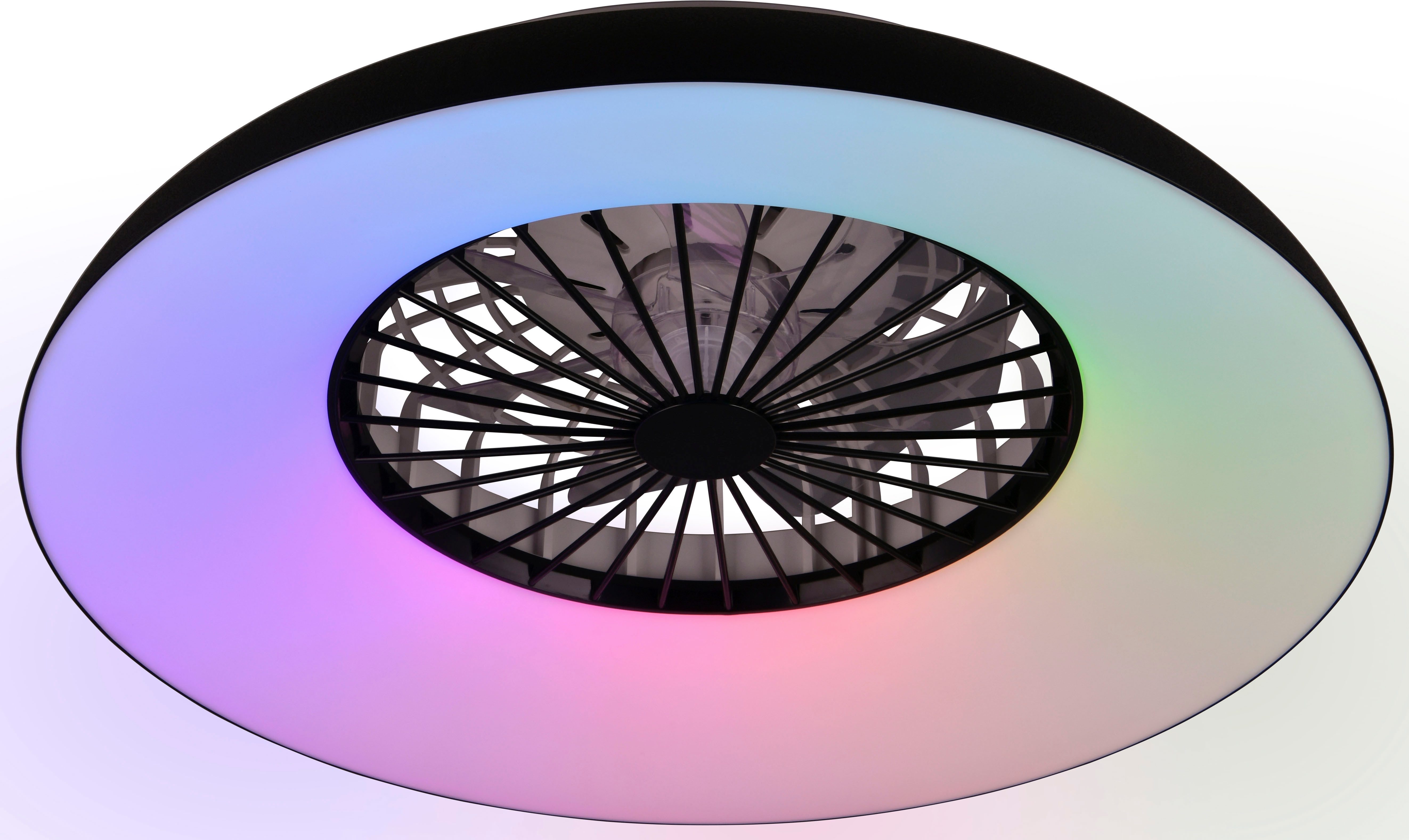 Reality Leuchten LED Deckenleuchte SVAERHOLT mit Ventilator, großer Deckenventilator Ø 60cm mit RGB Licht, CCT - über Fernbedienung, Dimmfunktion, Farbwechsel, Memoryfunktion, Nachtlichtfunktion, Timerfunktion, Ventilatorfunktion, getrennt schaltbar, LED fest integriert, RGB, warmweiß - kaltweiß, 5-Stufen Ventilator Fernbedienung RGB Farbwechsel 4500 Lumen CCT