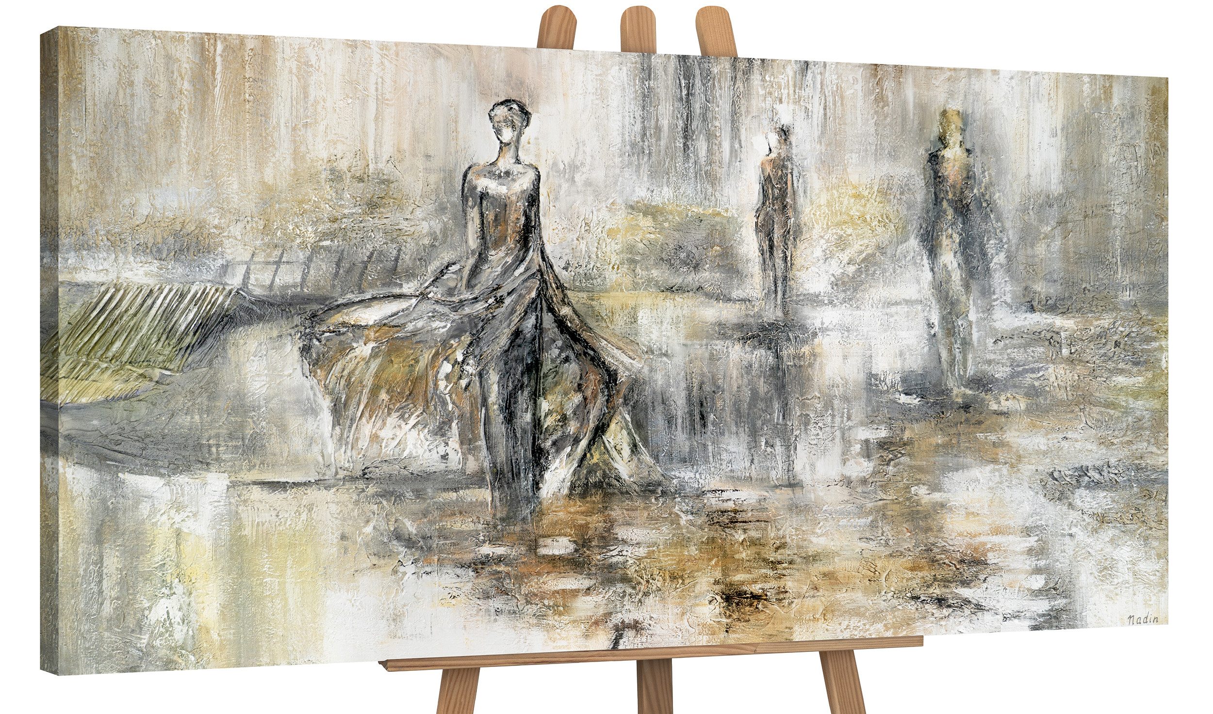 YS-Art Gemälde Modenschau, Menschen, Leinwand Bild Handgemalt Frauen im Kleid Braun Abstrakt
