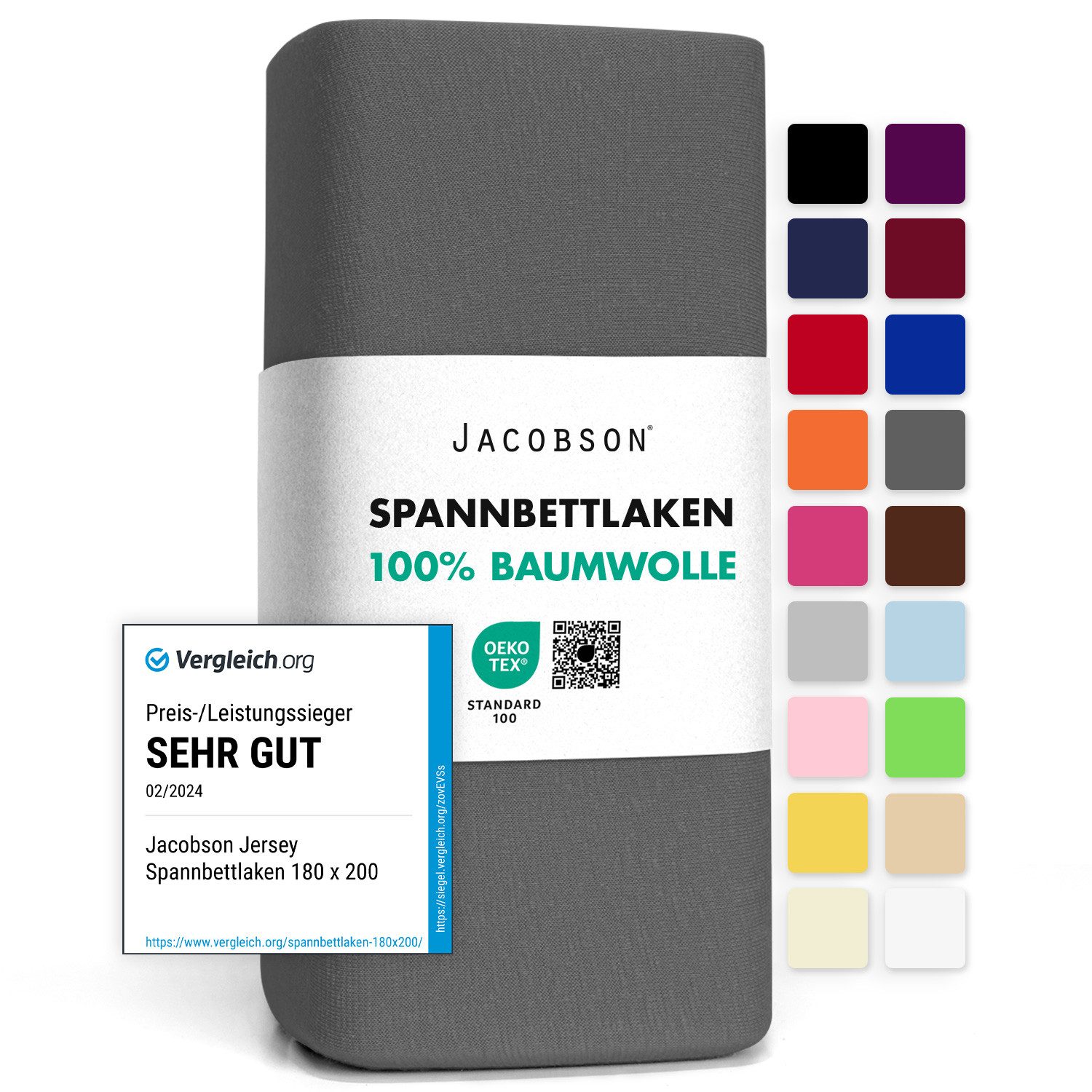 Jacobson Spannbettlaken aus 100% Baumwolle, Jersey Bettlaken 160 g/m², Spannbetttuch mit Gummizug, pflegeleicht & viele Farben