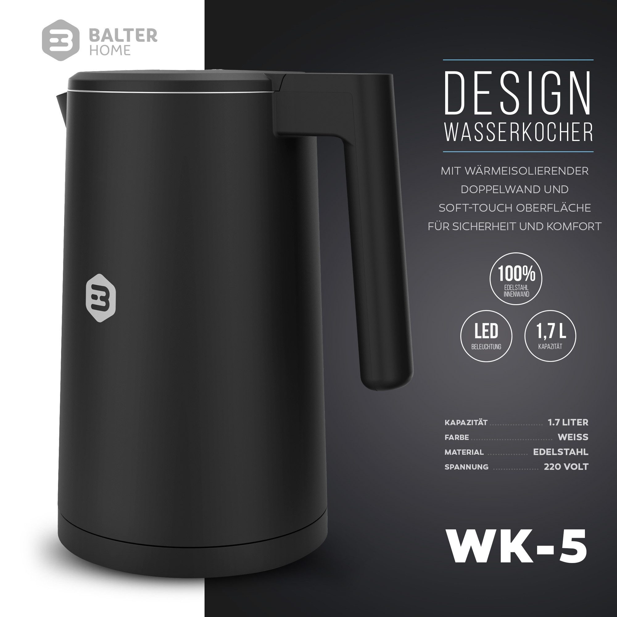Balter Wasserkocher Wasserkocher WK-05BT, 1800 W, LCD-Anzeige, Leise