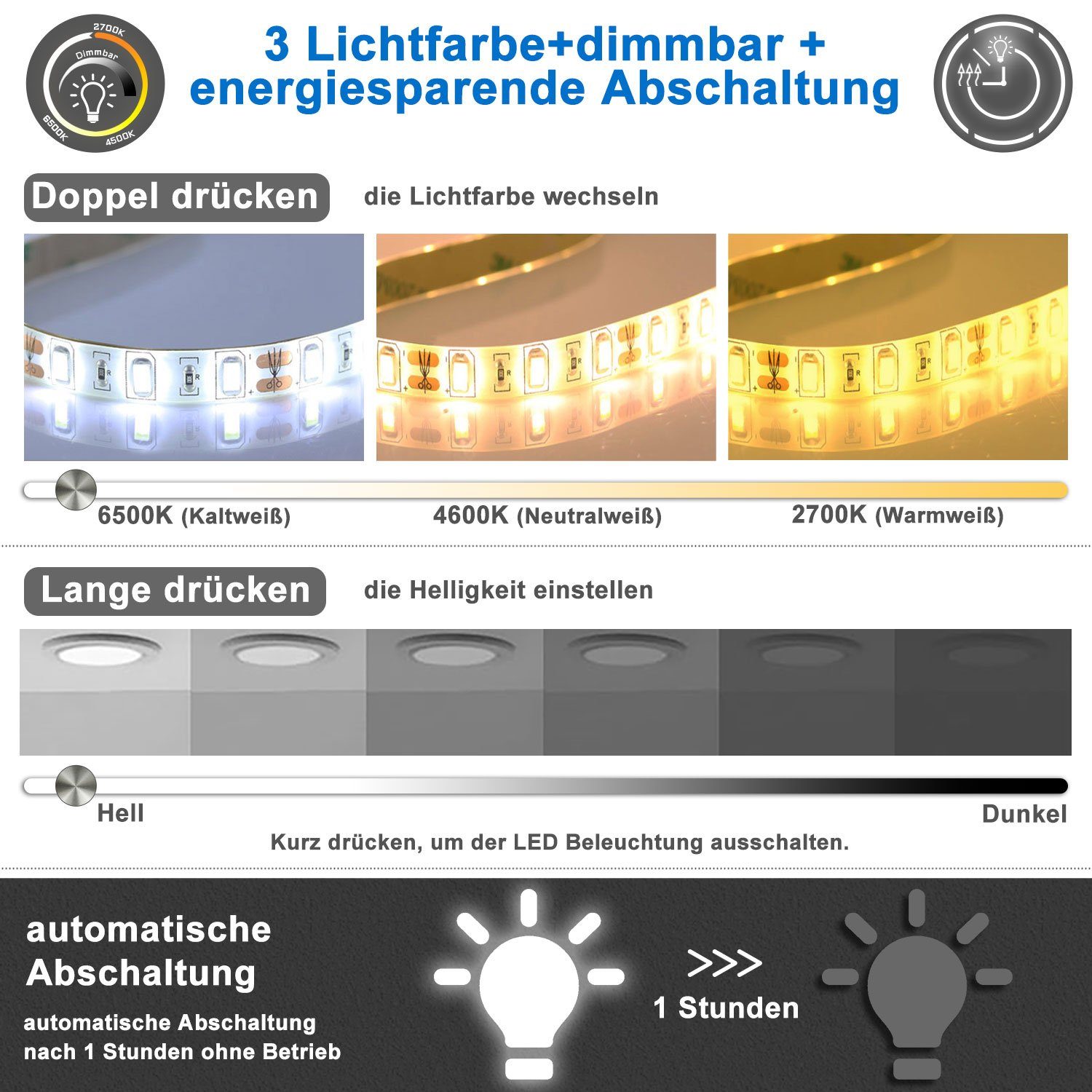 duschspa Badspiegel LED Badspiegel Halbrund Spiegel Touch/Wandschalter, Warm/Neutral/Kaltweiß, dimmbar, Memory, Beschlagfrei – Bild 5 von 5