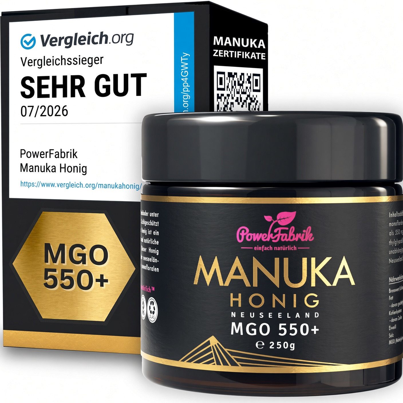 PowerFabrik Honig Manuka Honig MGO 550+, 250g, Original aus Neuseeland, im Glas, HALAL, 1 x