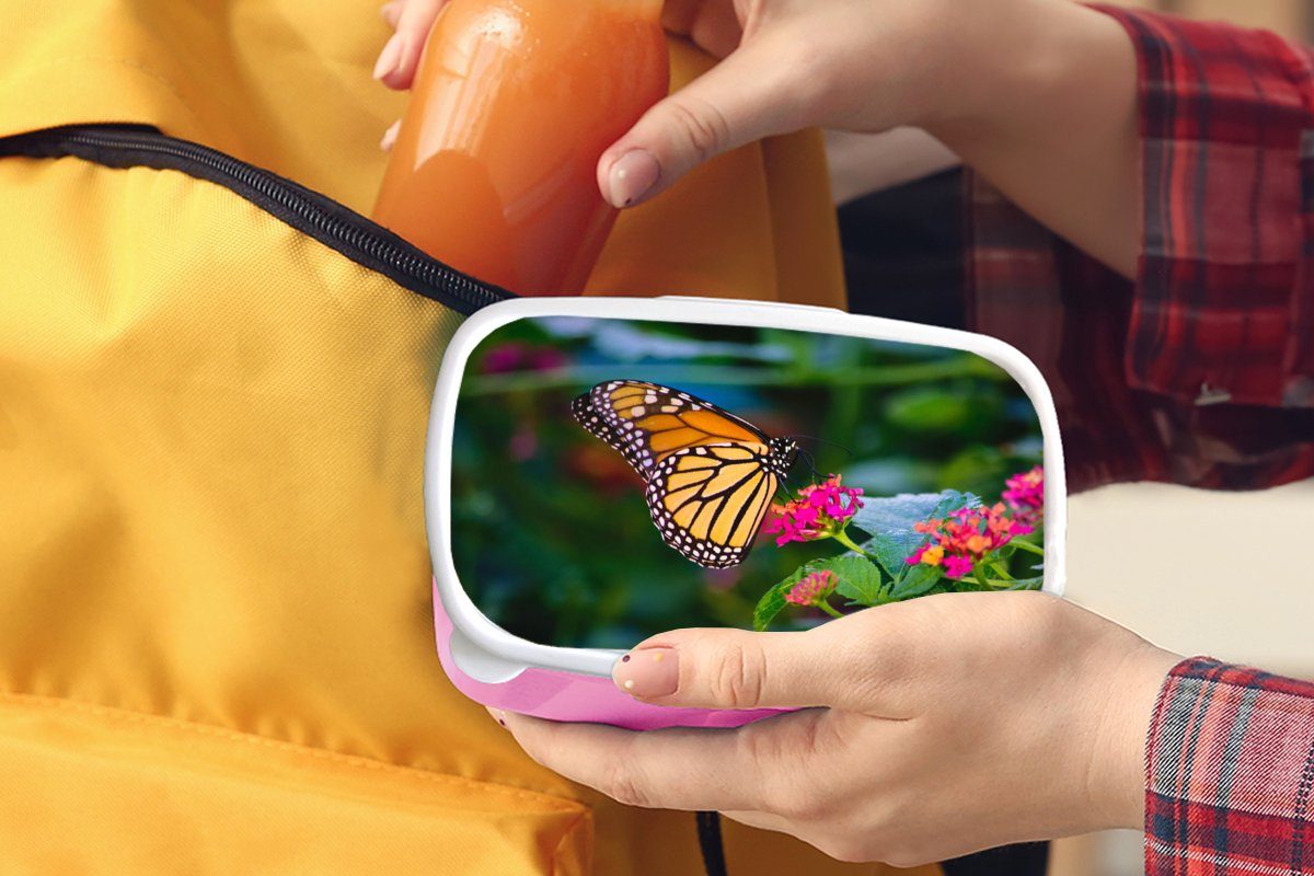MuchoWow Lunchbox Schmetterlinge Kunststoff, Erwachsene, Kunststoff (2-tlg), Natur, - - rosa für Blume Brotdose Mädchen, Brotbox Kinder, Snackbox