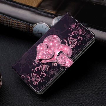CLM-Tech Handytasche für Samsung Galaxy A54 5G Hülle aus Kunstleder Klapphülle (schwarz rosa Herzen, Handyhülle Wallet Flip Case Cover Etui), Schutzhülle mit Standfunktion, Kartenfächer und Magnetverschluss