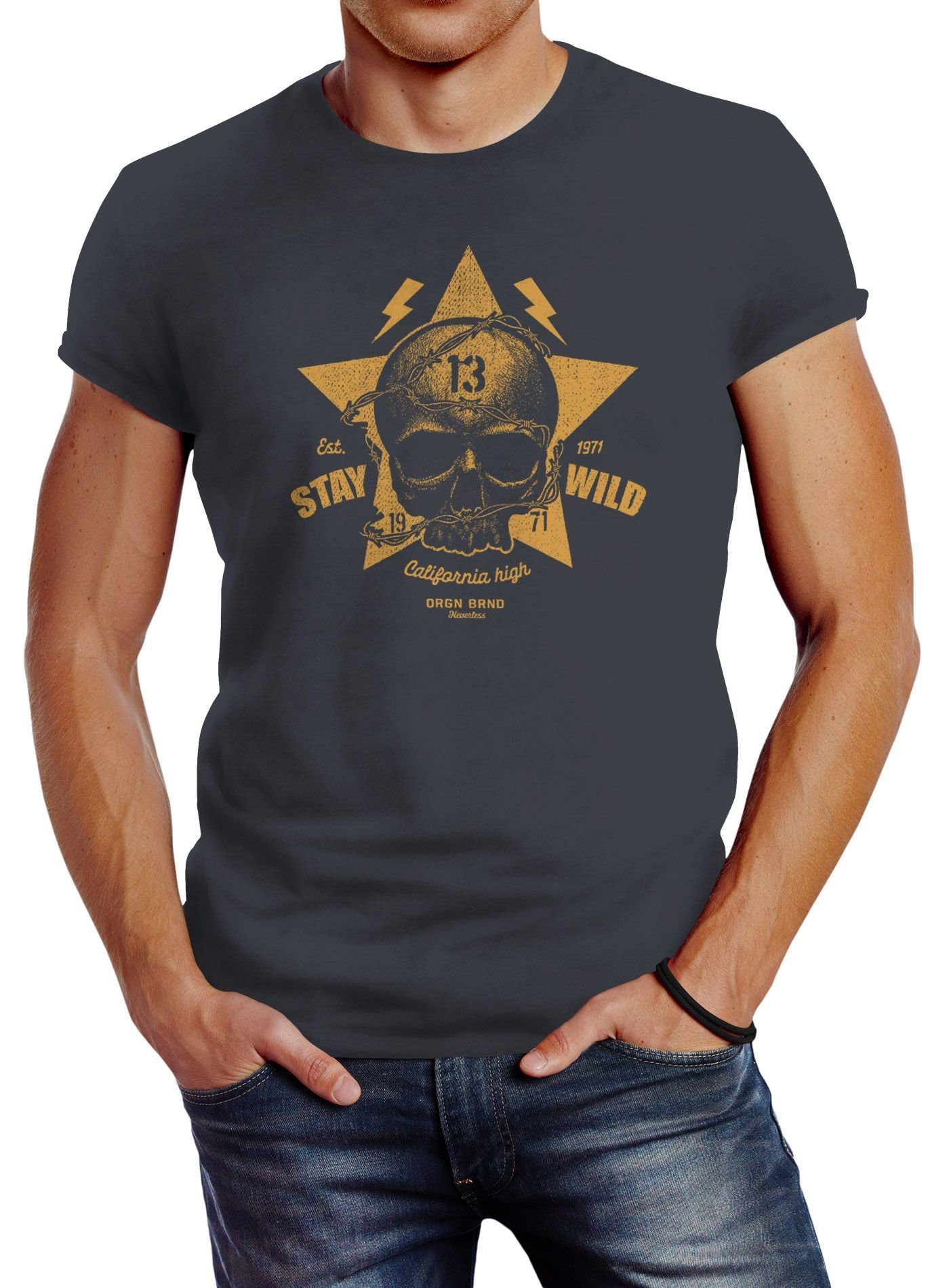 Neverless Print-Shirt Herren T-Shirt Printshirt Skull Totenkopf Motiv Stay Wild Slim Fit Neverless® mit Print grau
