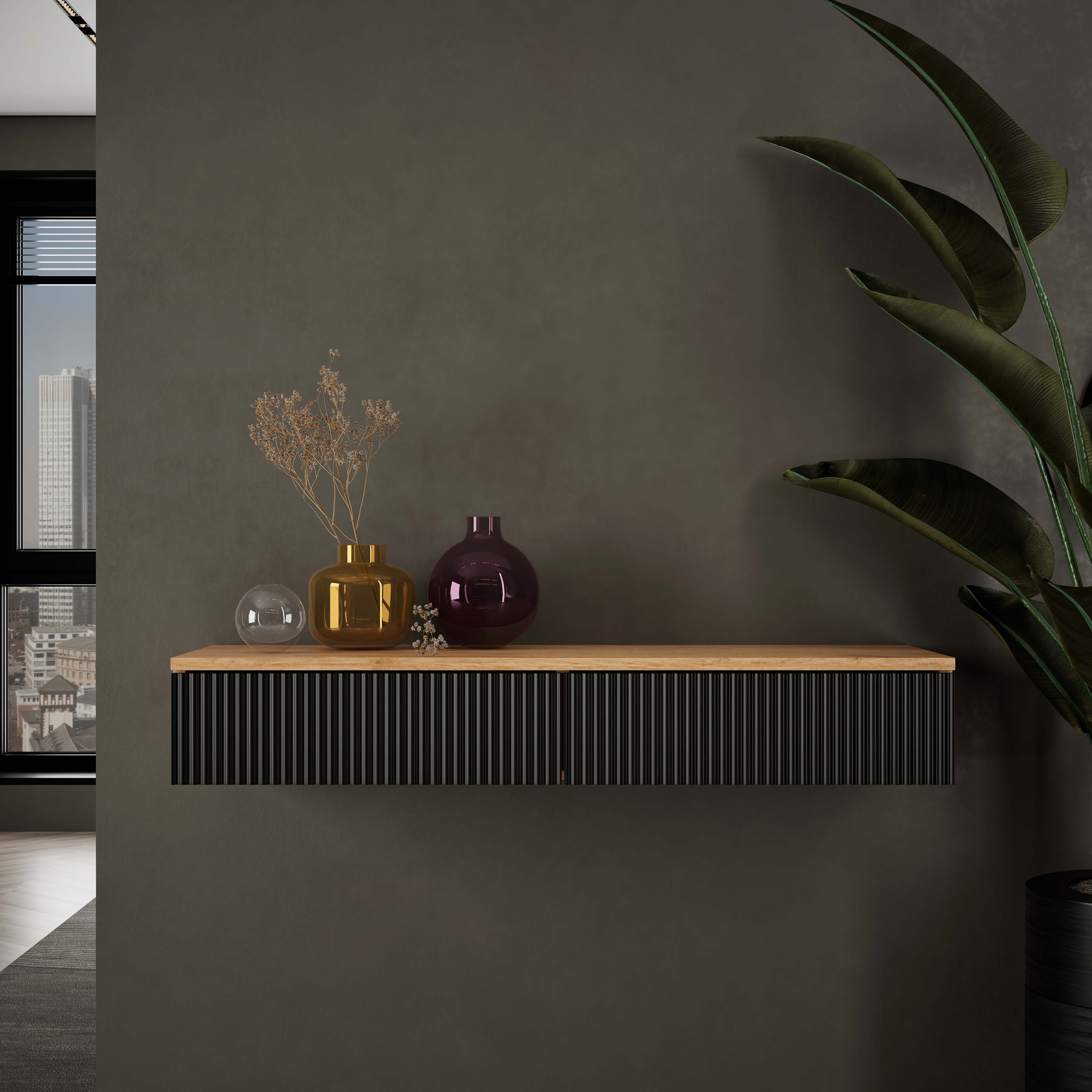 Planetmöbel Garderoben-Set AMYRA, (Wandmontage, 100 x 16 x 35 cm, Gold Eiche - Schwarz), Wand-Konsole für Garderobe, Flur und Schminktisch
