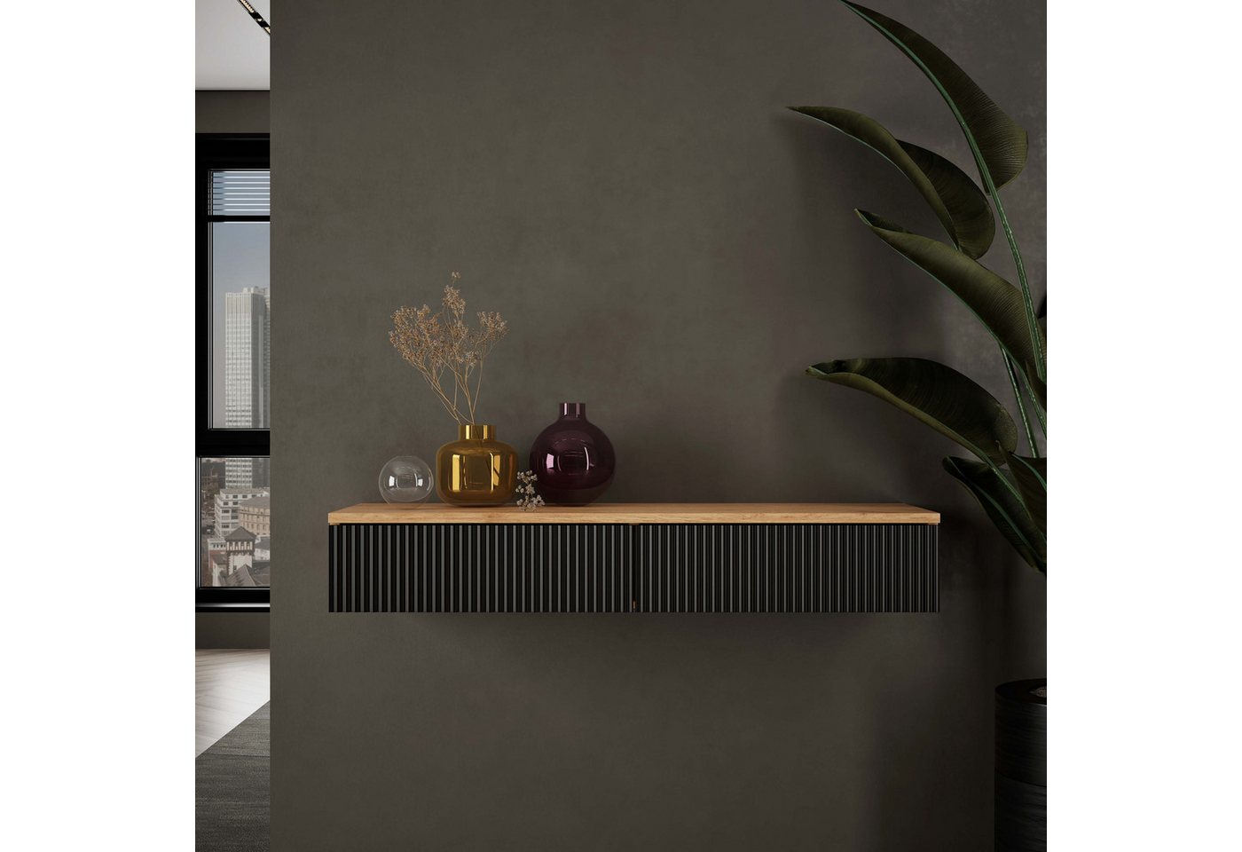 Planetmöbel Konsolentisch AMYRA Flurtisch mit Schublade (Wandmontage, 100 x 16 x 35 cm, Gold Eiche - Schwarz), Wand-Konsole für Garderobe, Flur und Schminktisch