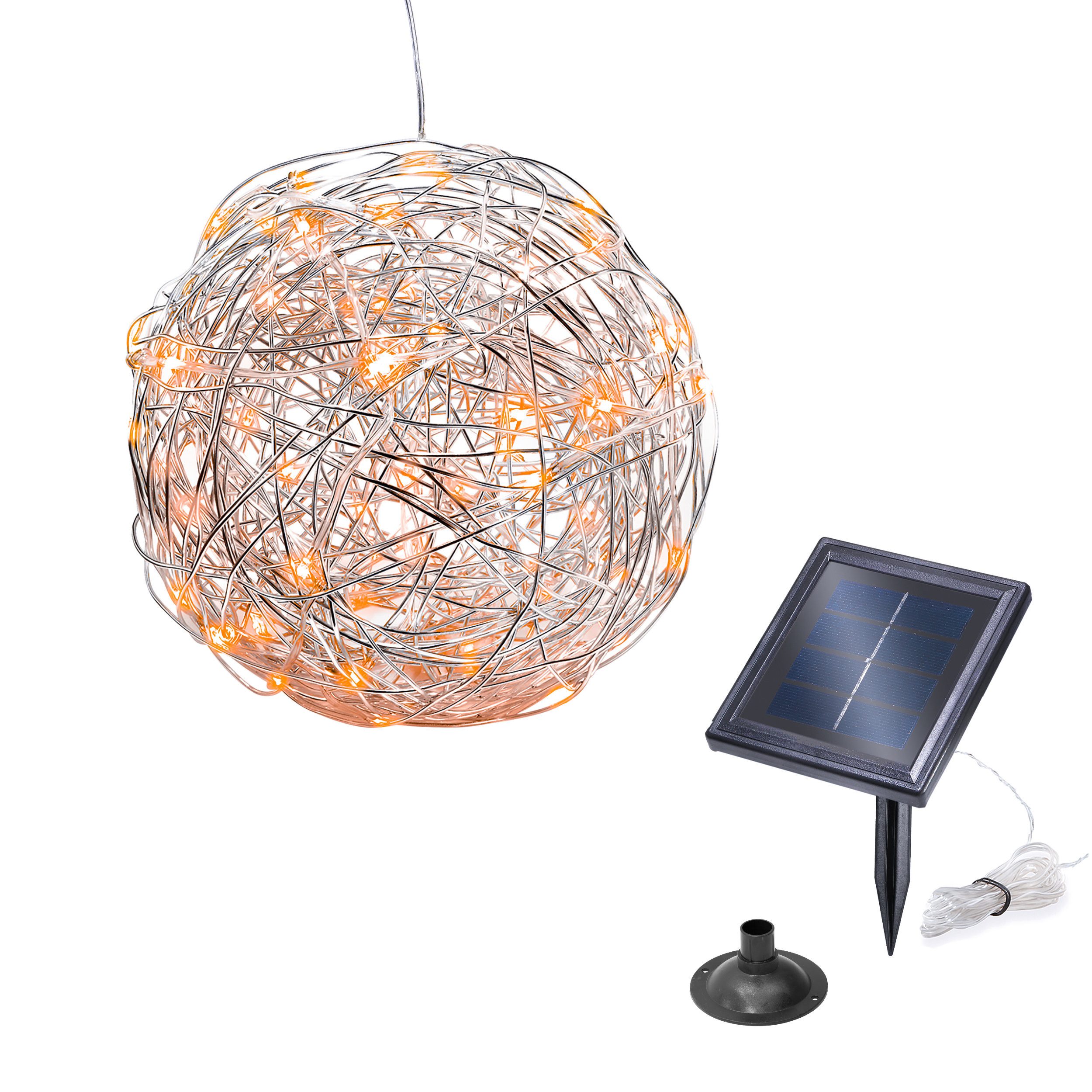 esotec LED-Hängeleuchte Solar Drahtkugel Ø25cm 50 bernsteinfarbene LEDs winterfest 102114, LED fest integriert, bernsteinfarben, Aluminium-Drahtkugel mit bernsteinfarbener Lichterkette