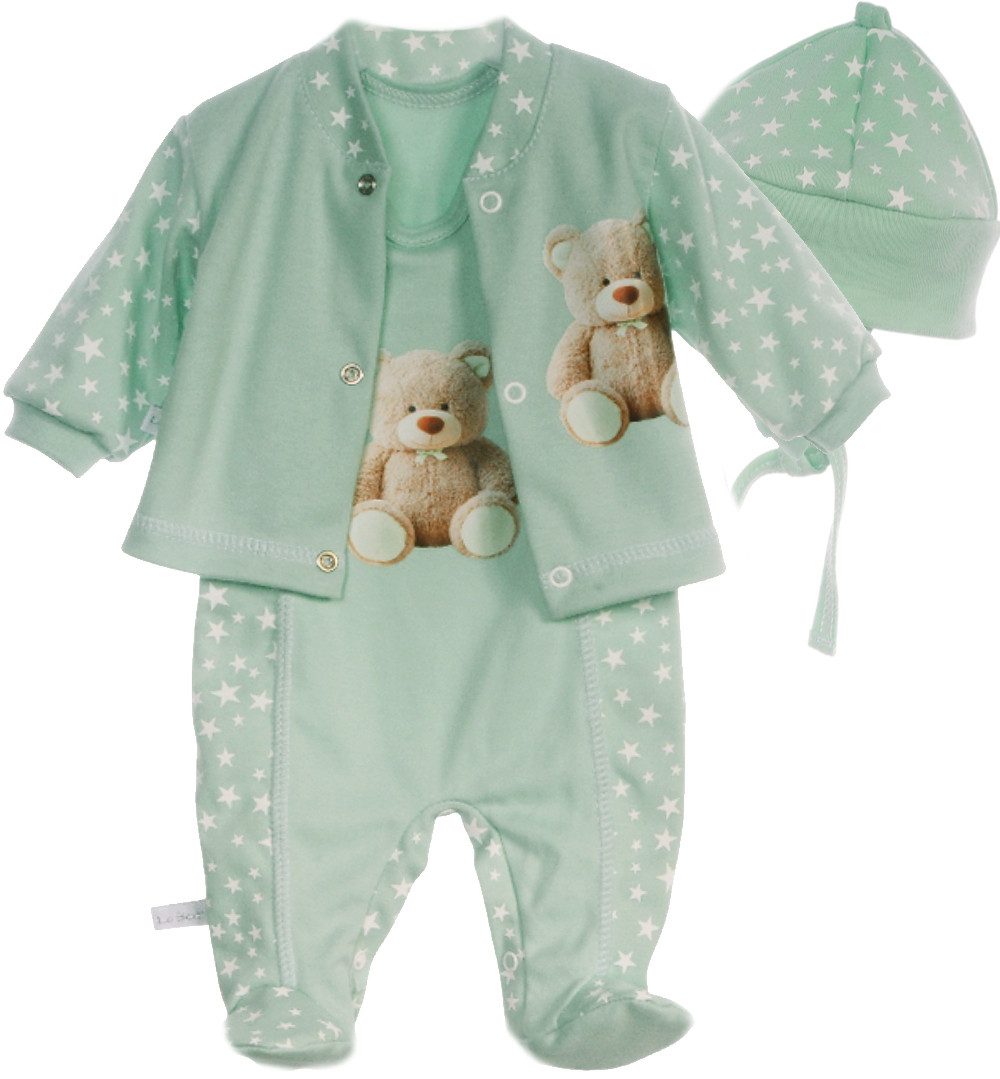 La Bortini Strampler, Jäckchen & Mütze Baby Anzug Stramplerhose Hemdchen Mützchen Set unisex (3-teilig, für Neugeborene Mädchen und Jungen) aus Baumwolle, unisex, 44 50 56 62 68 74 mit Bär