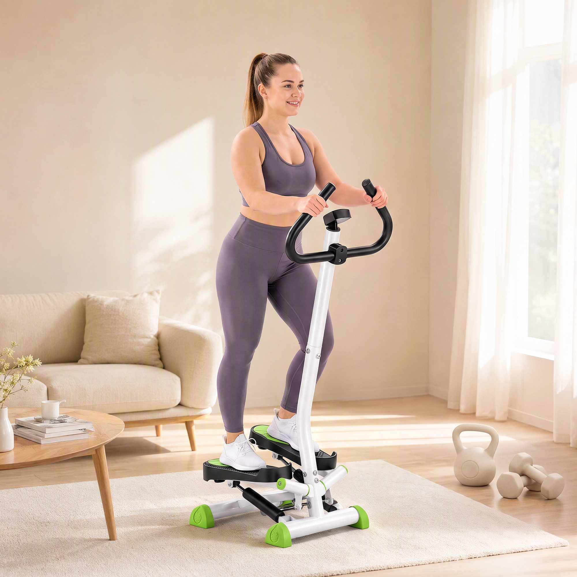 HOMCOM Stepper Fitness Swing Stepper mit LCD-Schirm und Handgriff Grün (Hometrainer für Zuhause, 1-tlg., bis 100 kg), Stahl, ABS, 55cm x 44cm x 108cm