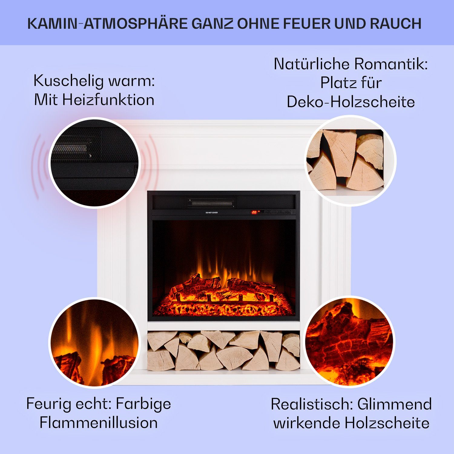 Klarstein Elektrokamin LasPilas, elektrischer Kaminofen mit Heizung LED-Beleuchtung, Timer, Thermostat