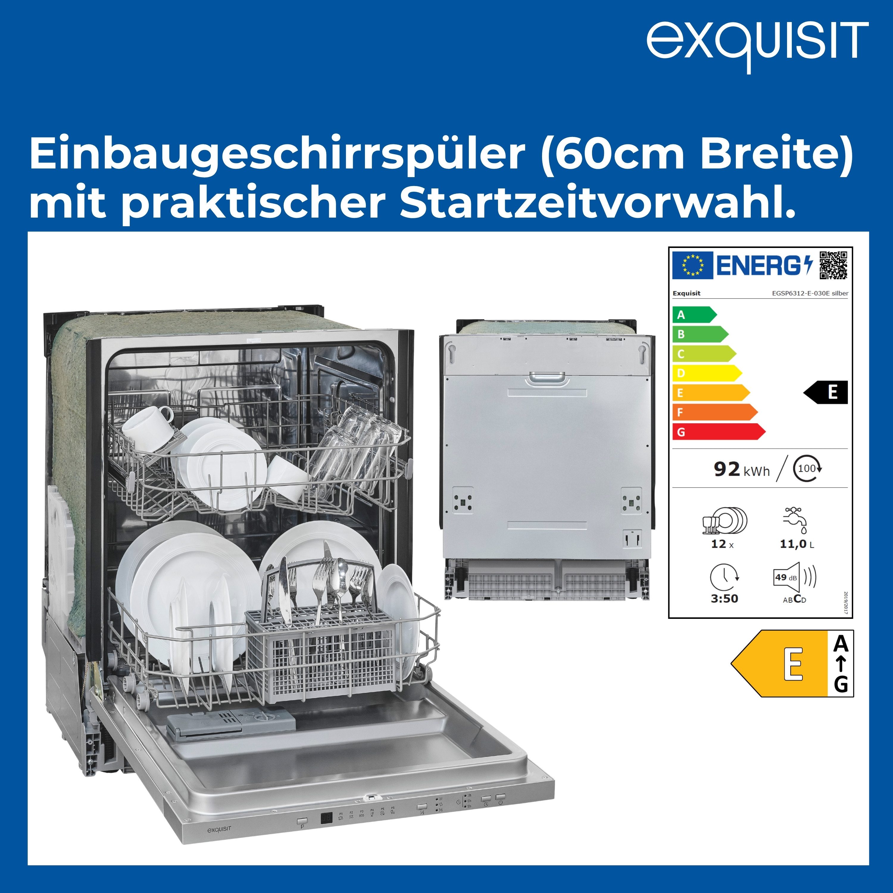 exquisit vollintegrierbarer Geschirrspüler EGSP56312-E-030E, 12 Maßgedecke, 6 Programme, Startzeitvorwahl, 12 Maßgedecke