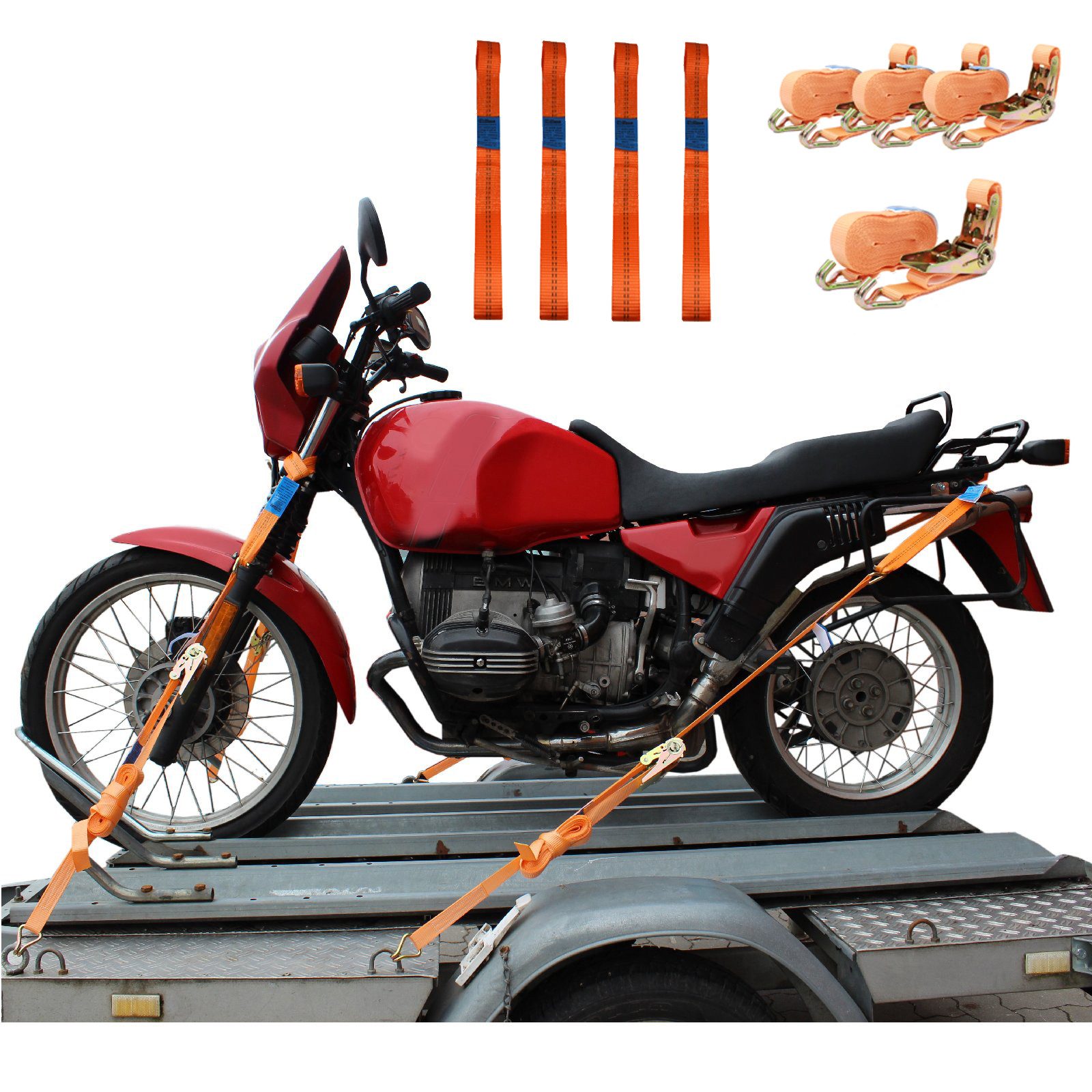 TRUTZHOLM Spanngurt 4 Gurtschlaufen Doppelschlaufe + 4 Spanngurte Motorradspanngurt Orange (Kombi-Set)