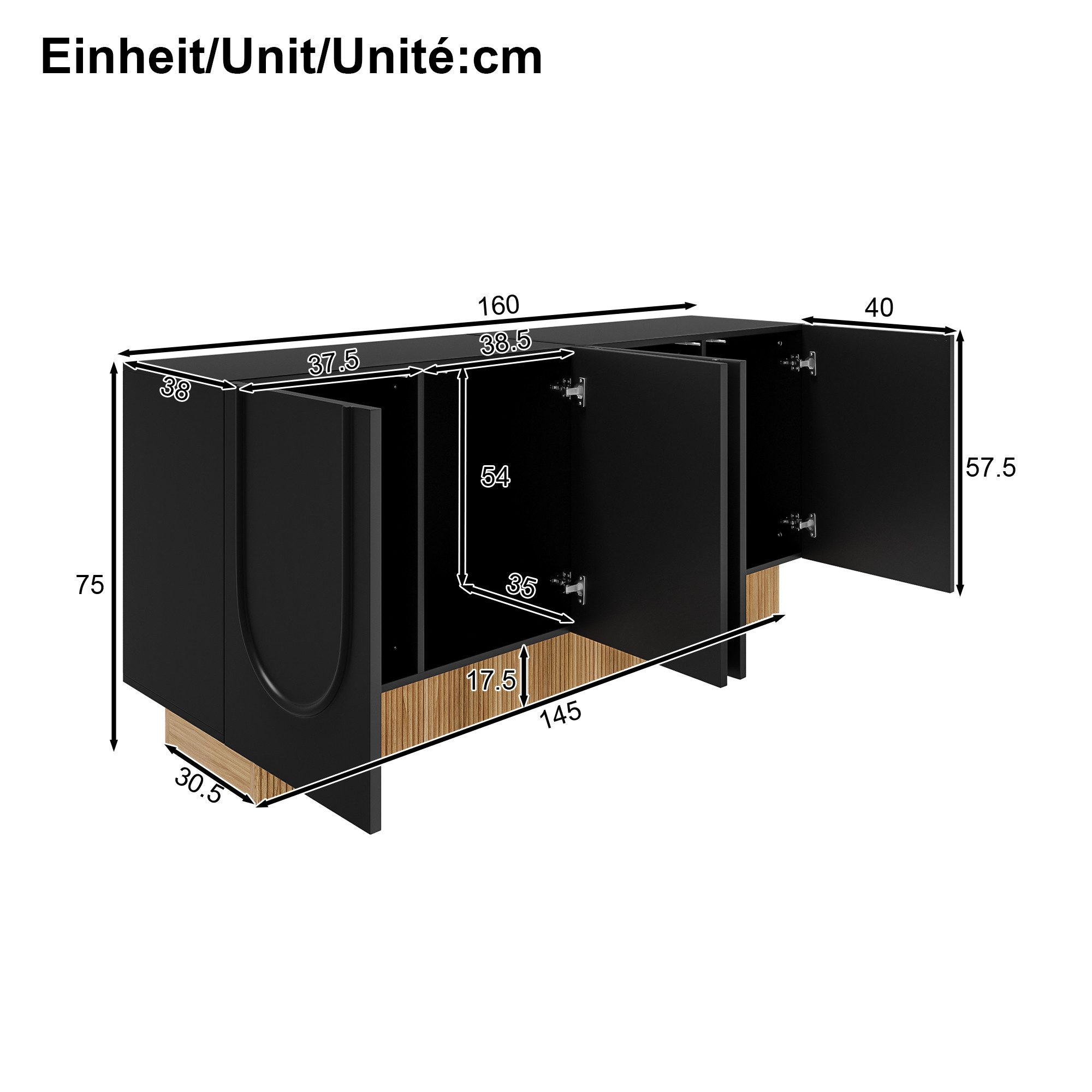 Merax Sideboard mit U-Relief-Design & dekorativer Holzstruktur (1 St., 160×75×38 cm), Kommode mit 4 Türen und großen Innenfächern, Anrichte, Buffetschrank – Bild 5 von 5