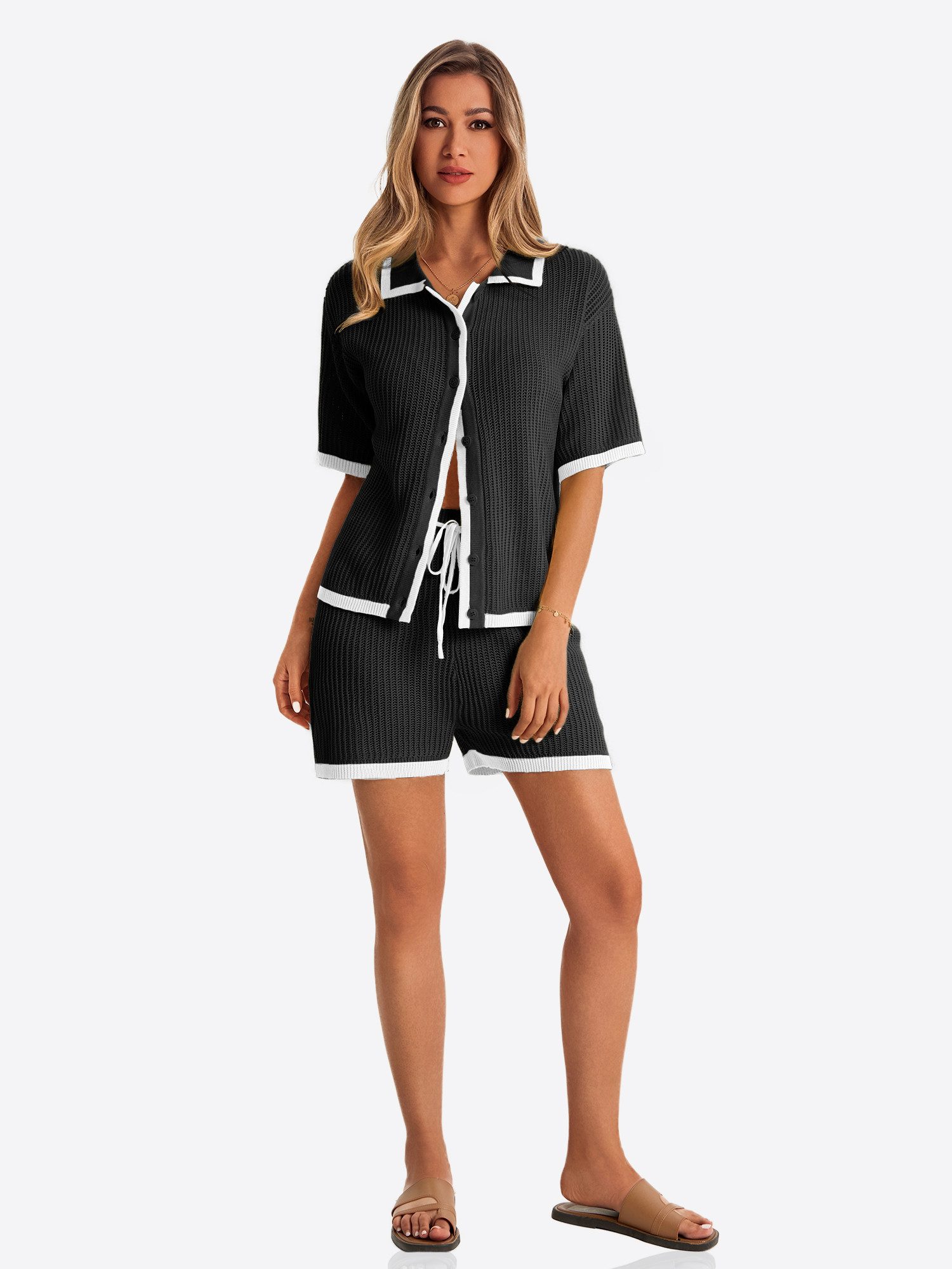 Imily Bela Hausanzug Damen Häkel 2-teiliger Set (Set, 2 tlg., Strickjacke + Shorts) Kontrastfarbige Details