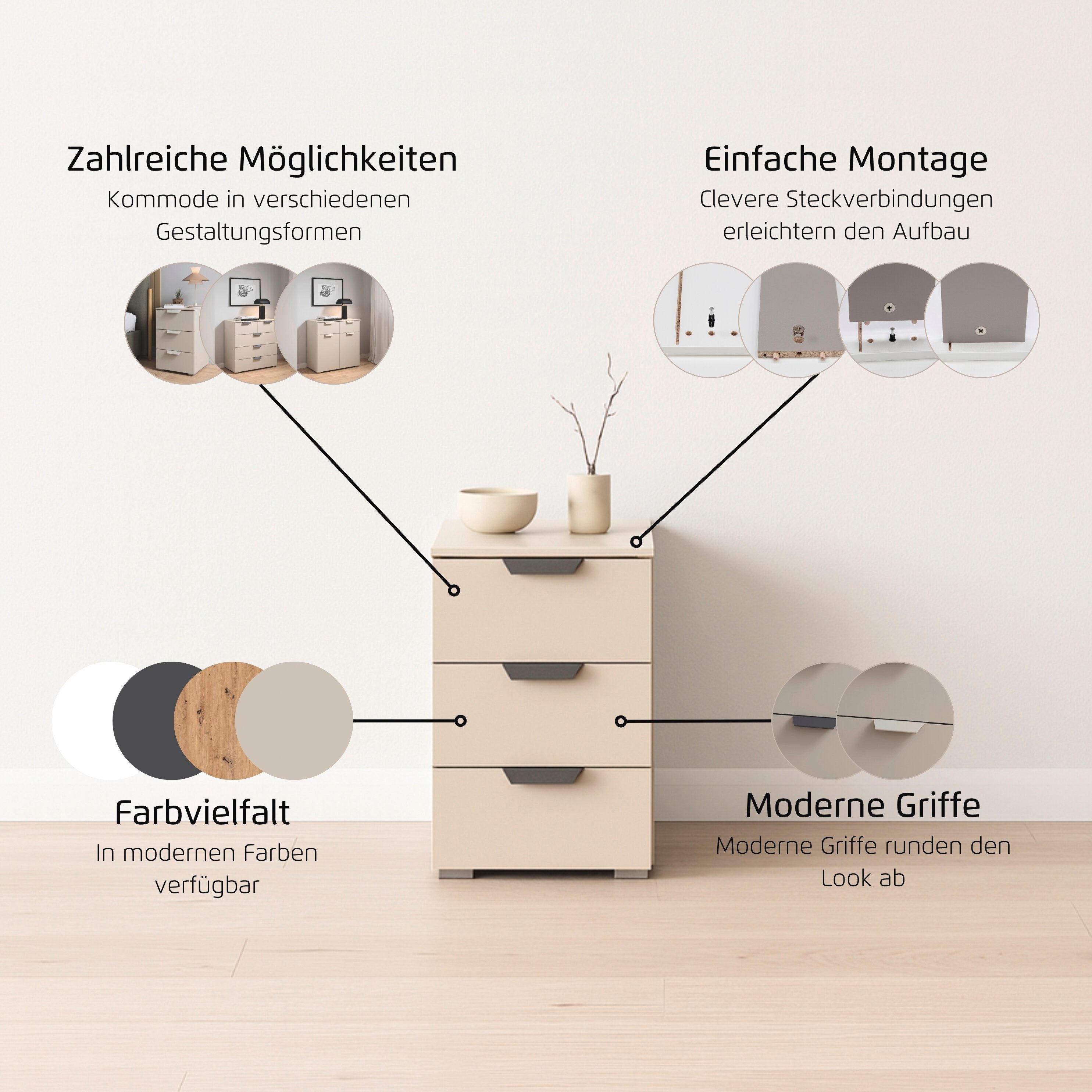 rauch Nachtkommode Nachttisch Nachtkonsole COSTA mit farblich passenden Metallgriffen (in 2 Griff-Farben, Breite 40 cm), drei geräumige Schubladen MADE IN GERMA – Bild 5 von 5