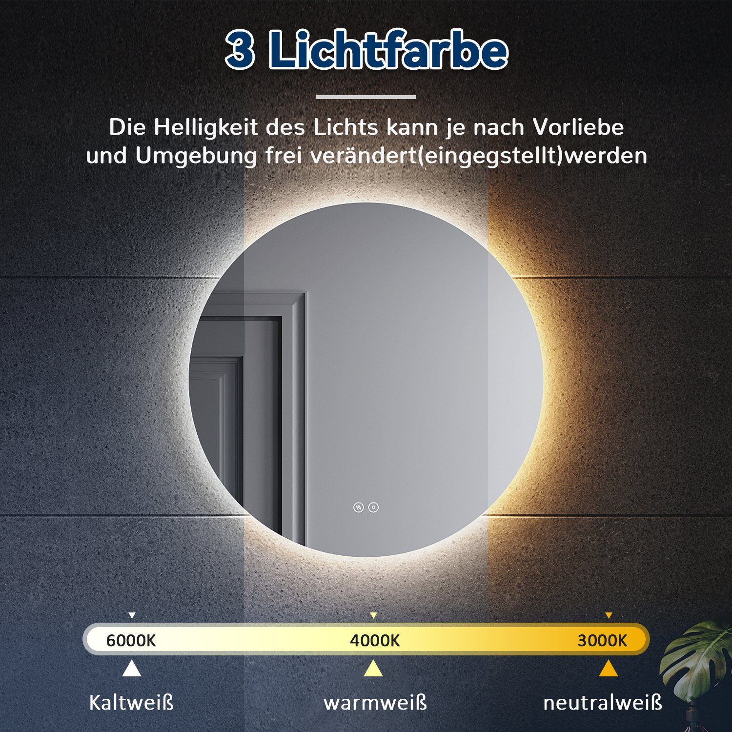 SONNI Badspiegel Rund 80 Beschlagfrei-Funktion, Beleuchtung, Energiesparend Ø cm / Ø mit Badezimmerspiegel LED, 60 Touchschalter, cm