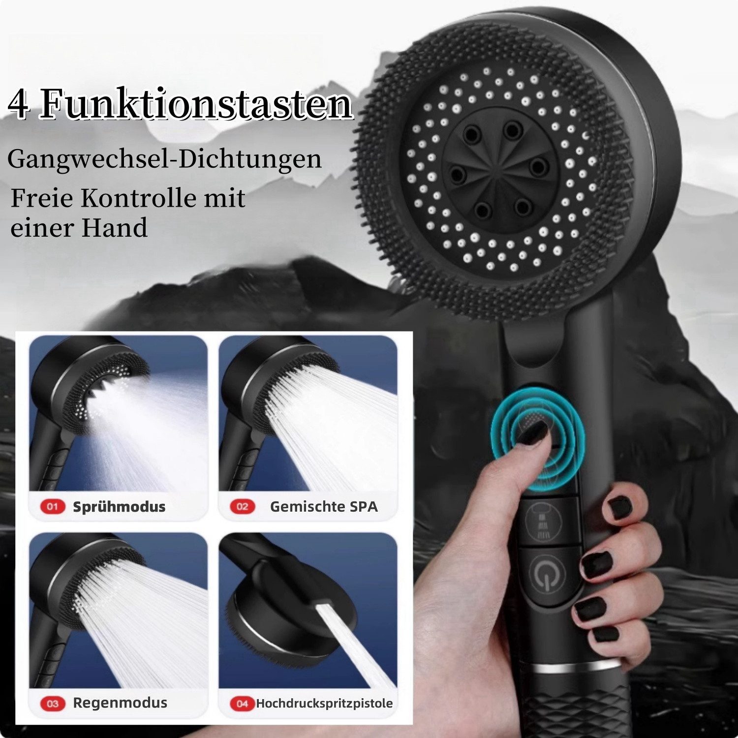 ibettertec Duschbrause Handbrause Handbrause Duschkopf mit Hohem Druck, (Duschkopf, Schlauch, Halterung, Montagematerial), 4 Strahlarten, Ein-Knopf-Stopp, Filte – Bild 2 von 5