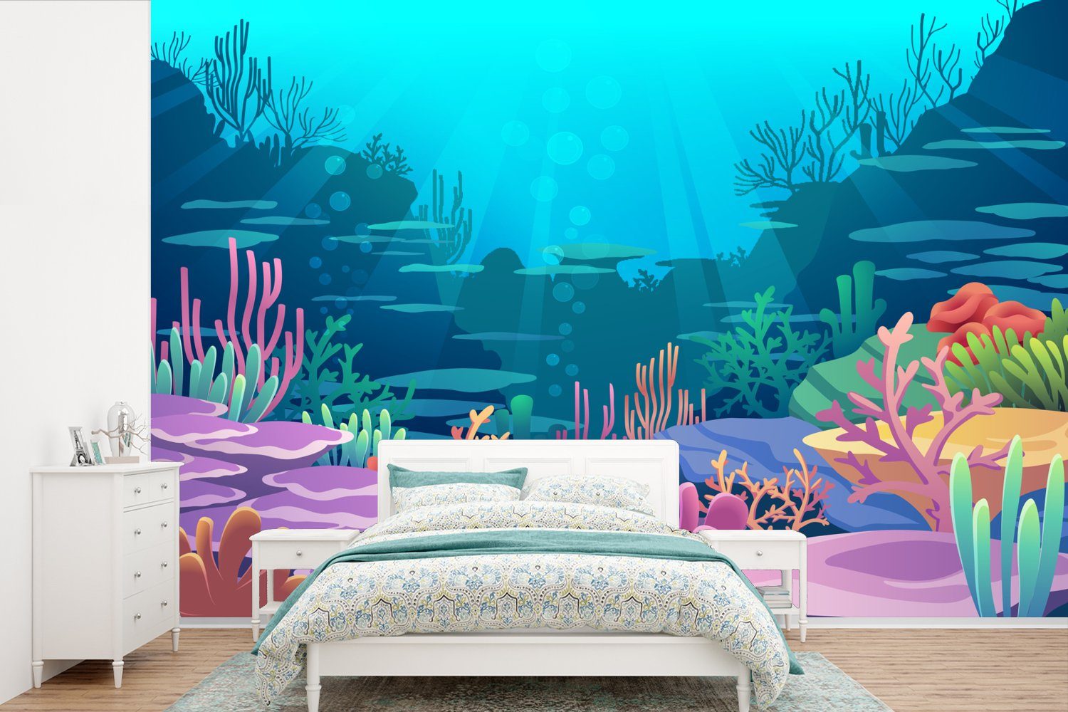 MuchoWow Fototapete Meer - Korallen - Unterwasserwelt - Illustration, Matt, bedruckt, (6 St), Wallpaper für Wohnzimmer, Schlafzimmer, Kinderzimmer, Vinyl Tapete