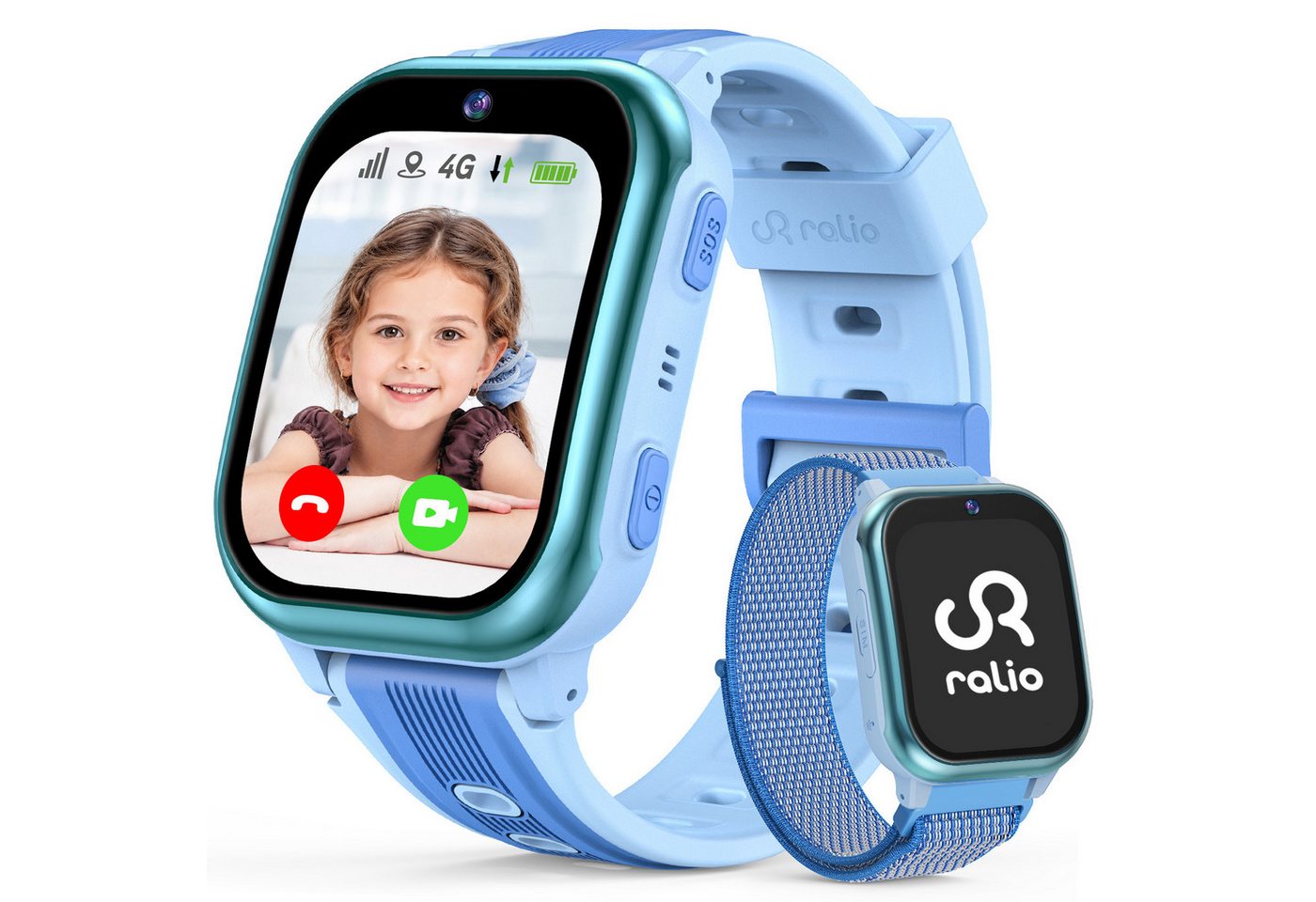 Ralio R5 Plus 4G Smartwatch Kinder, Kinderuhr mit gebogenes Ultra-HD-Display Smartwatch (gebogenes Ultra-HD-Display cm/1.7 Zoll) 3 Tage Akkulaufzeit, GPS-Ortung, Kinderuhr mit HD-Videoanrufen, Schulmodus, SOS, Familien-Gruppenchat und mehr, Zwei Armbänder