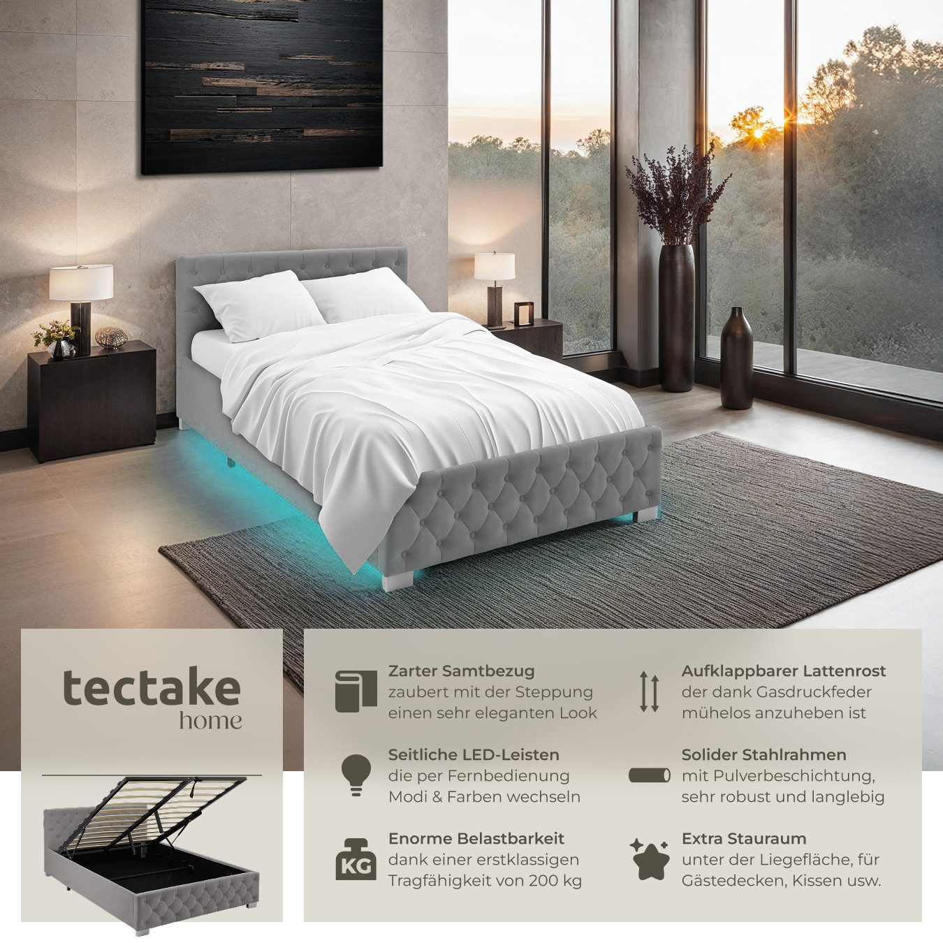 tectake Polsterbett Sedona (Komplettset, mit LED-Leisten günstig online kaufen