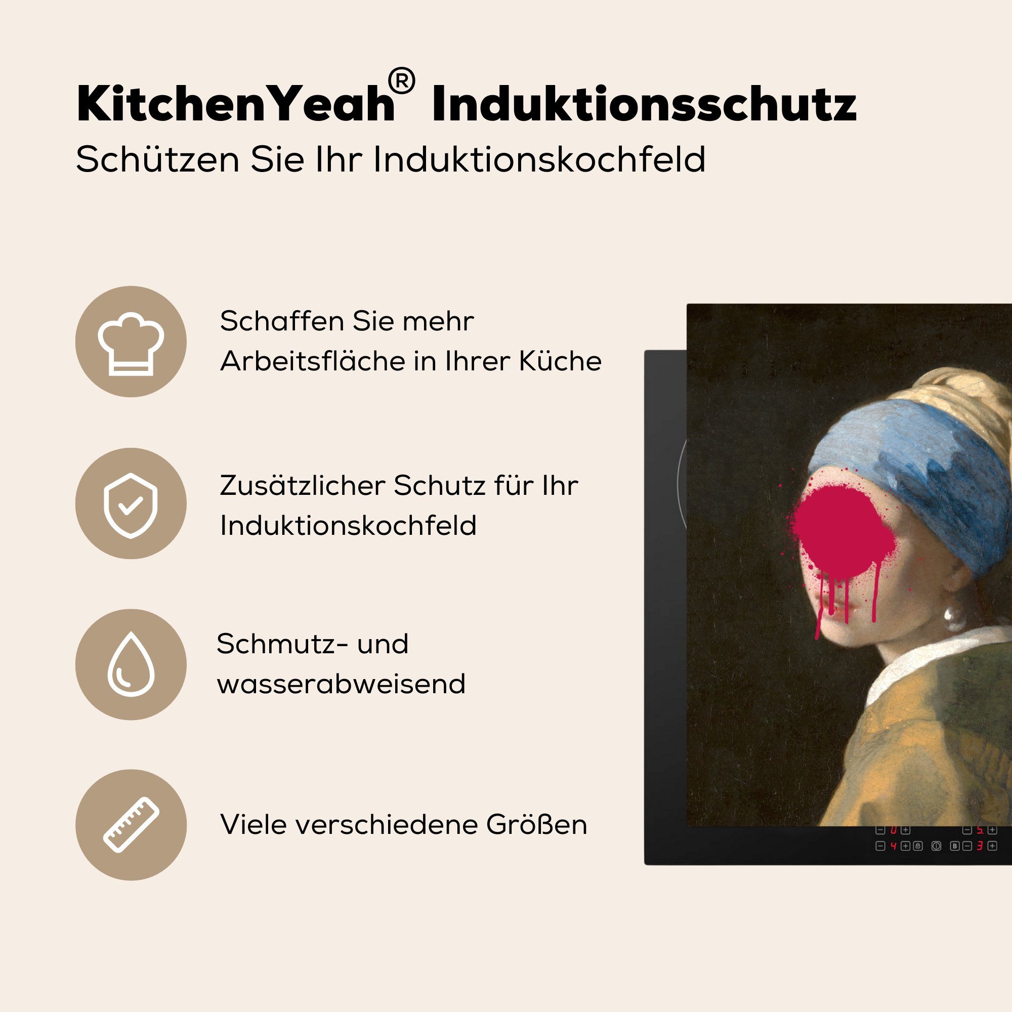 MuchoWow Kunst, für (1 Ceranfeldabdeckung, - Vermeer mit cm, Vinyl, Herdblende-/Abdeckplatte 78x78 küche Mädchen - tlg), Arbeitsplatte Perlenohrring