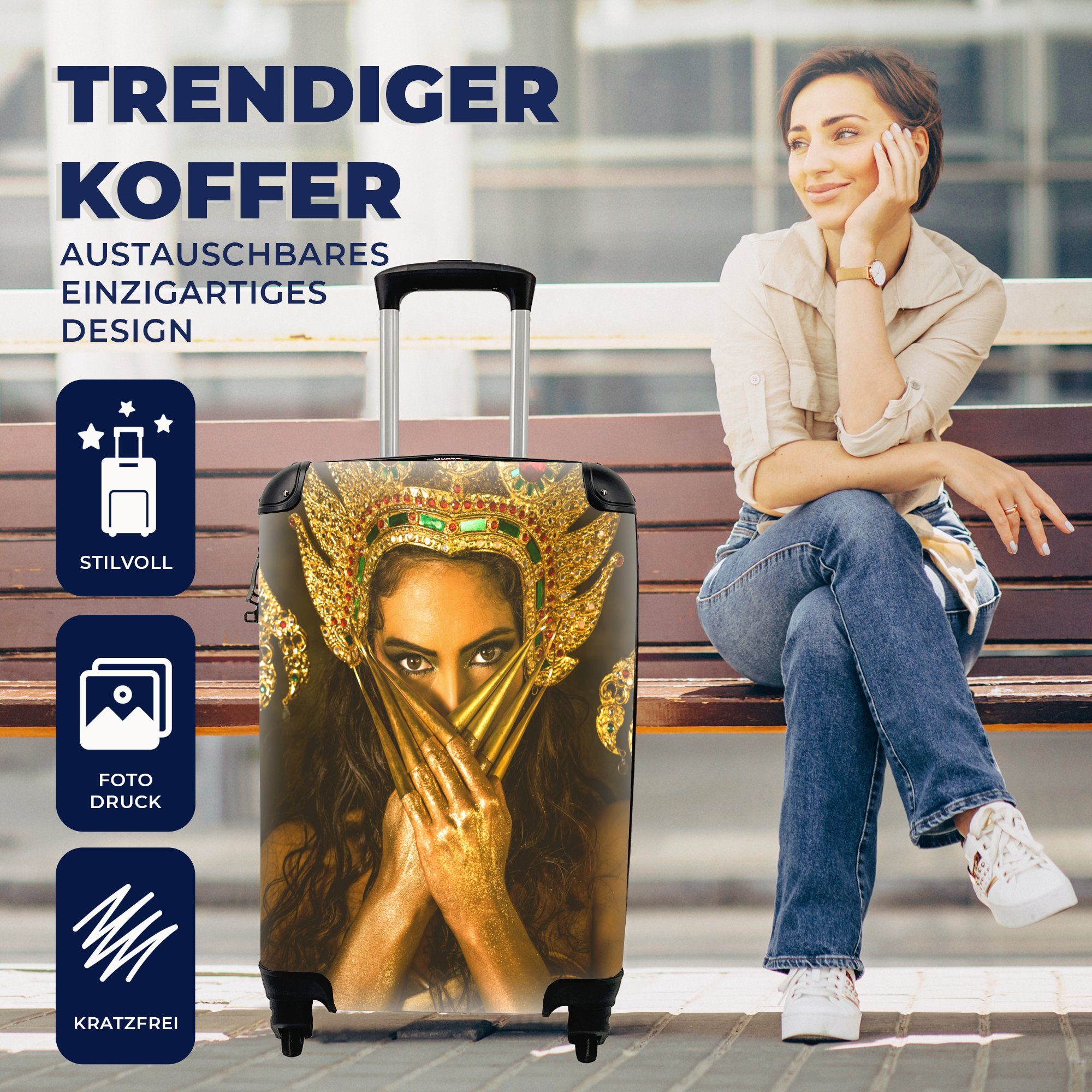 Reisetasche Handgepäck 4 - - Trolley, rollen, Frau Krone, Ferien, Handgepäckkoffer Gold Rollen, Reisekoffer mit MuchoWow für